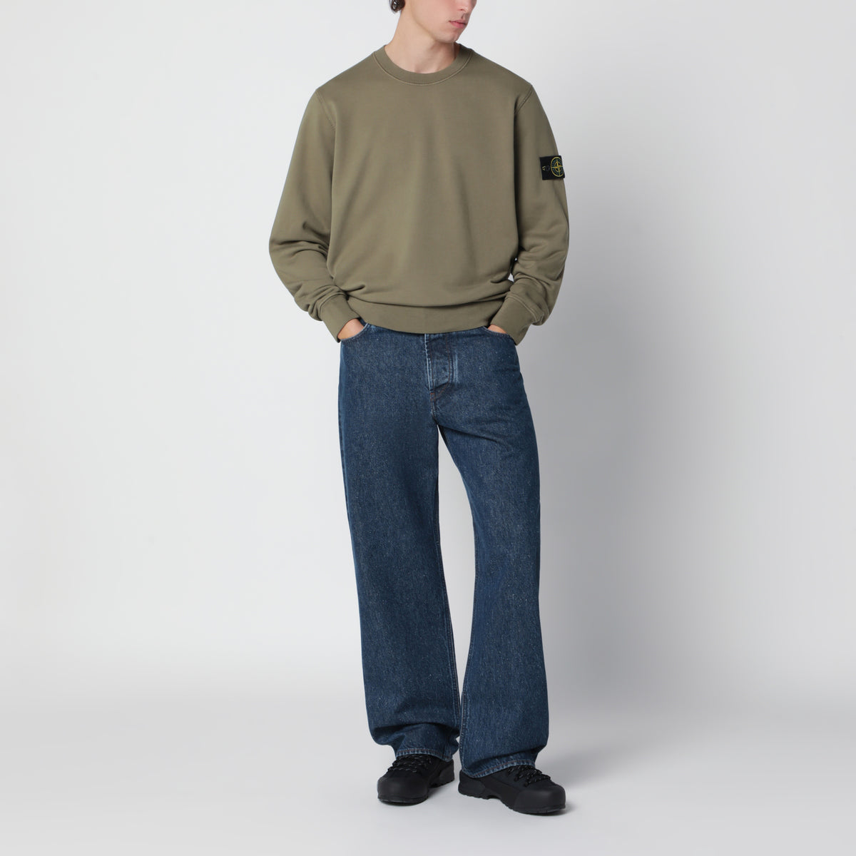 Sweat-shirt col rond vert militaire en coton