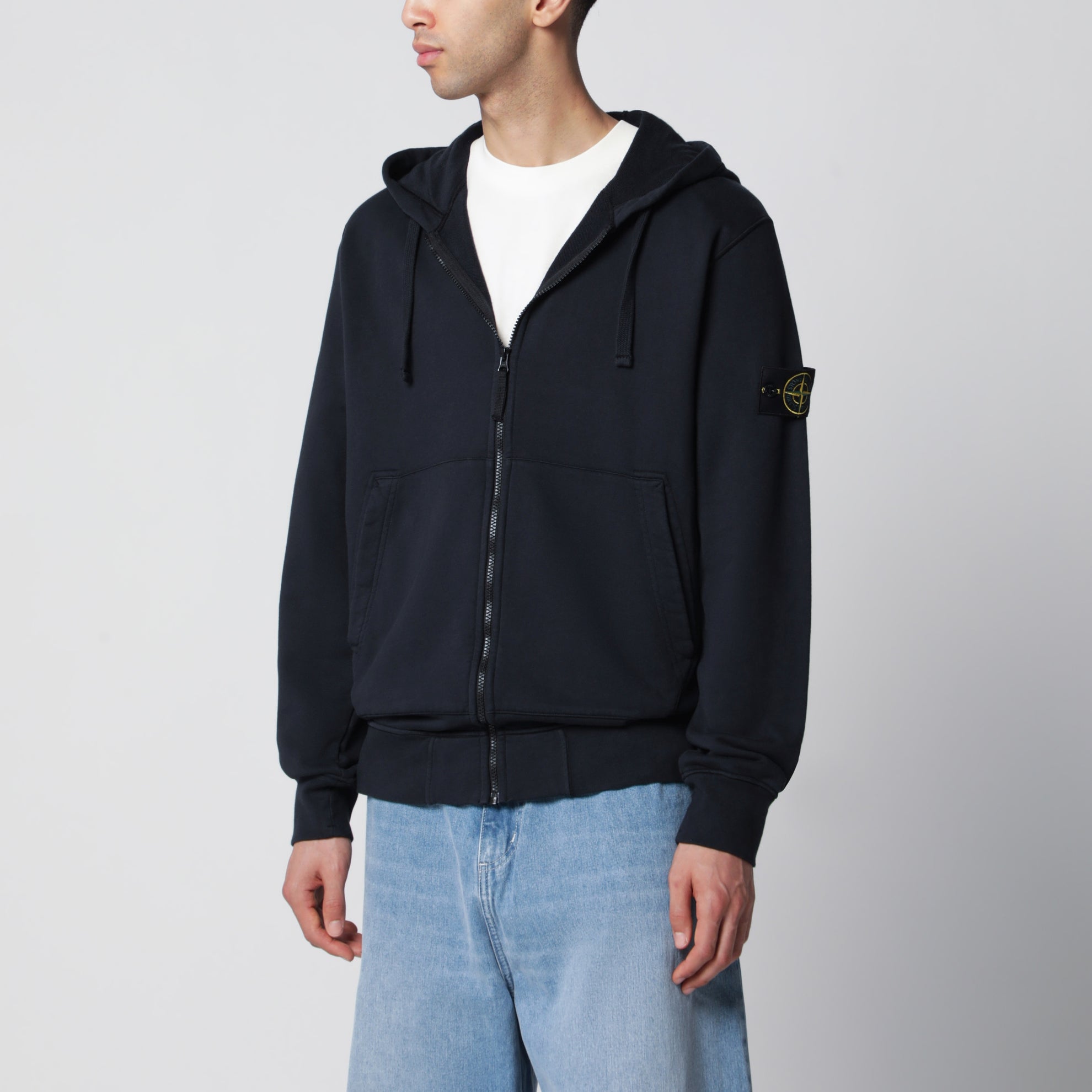Sweat à capuche zippé regular en coton bio bleu
