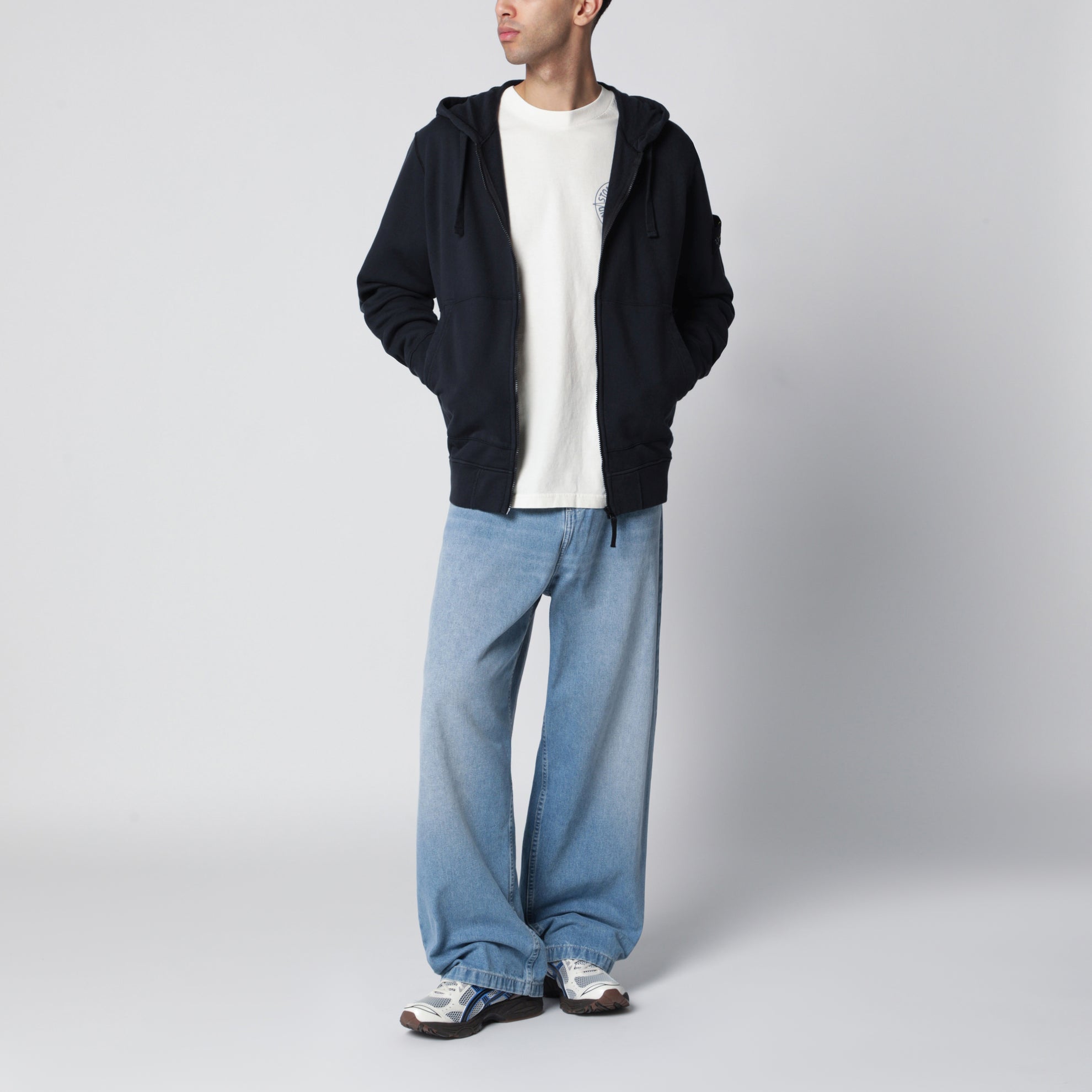 Sweat à capuche zippé regular en coton bio bleu