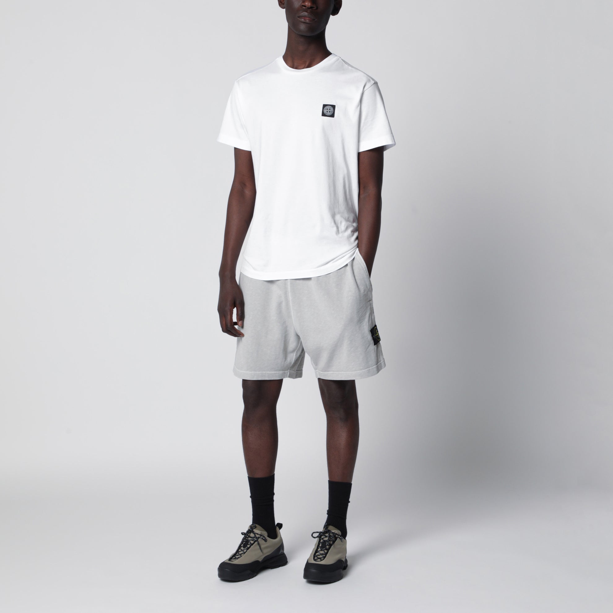 Pearl grey cotton fleece jogger shorts
