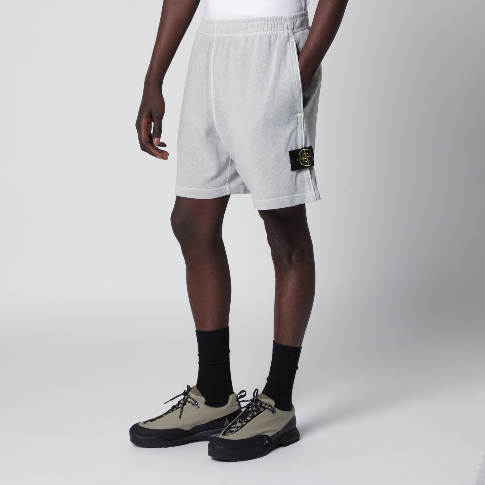 Pearl grey cotton fleece jogger shorts