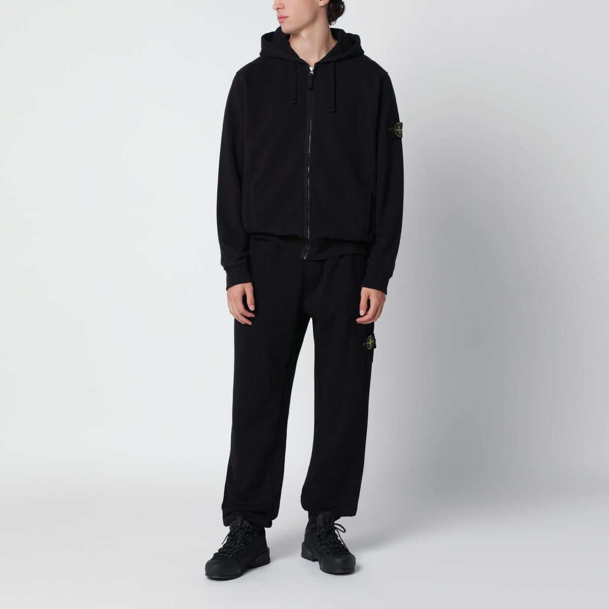 Compass-Badge Tapered Trousers in Black Cotton