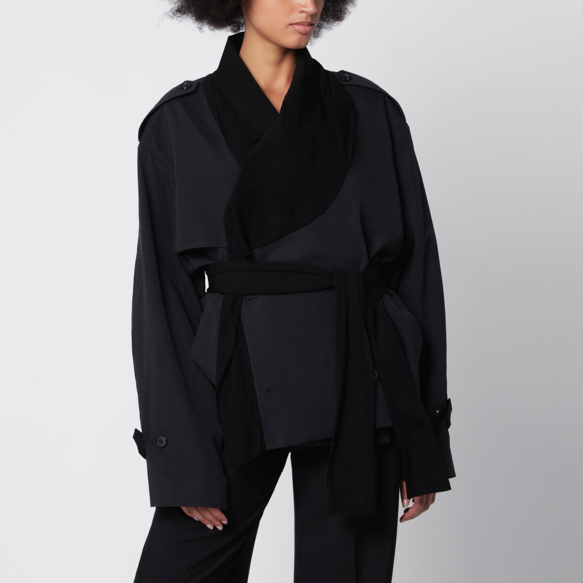 Black cropped belted jacket