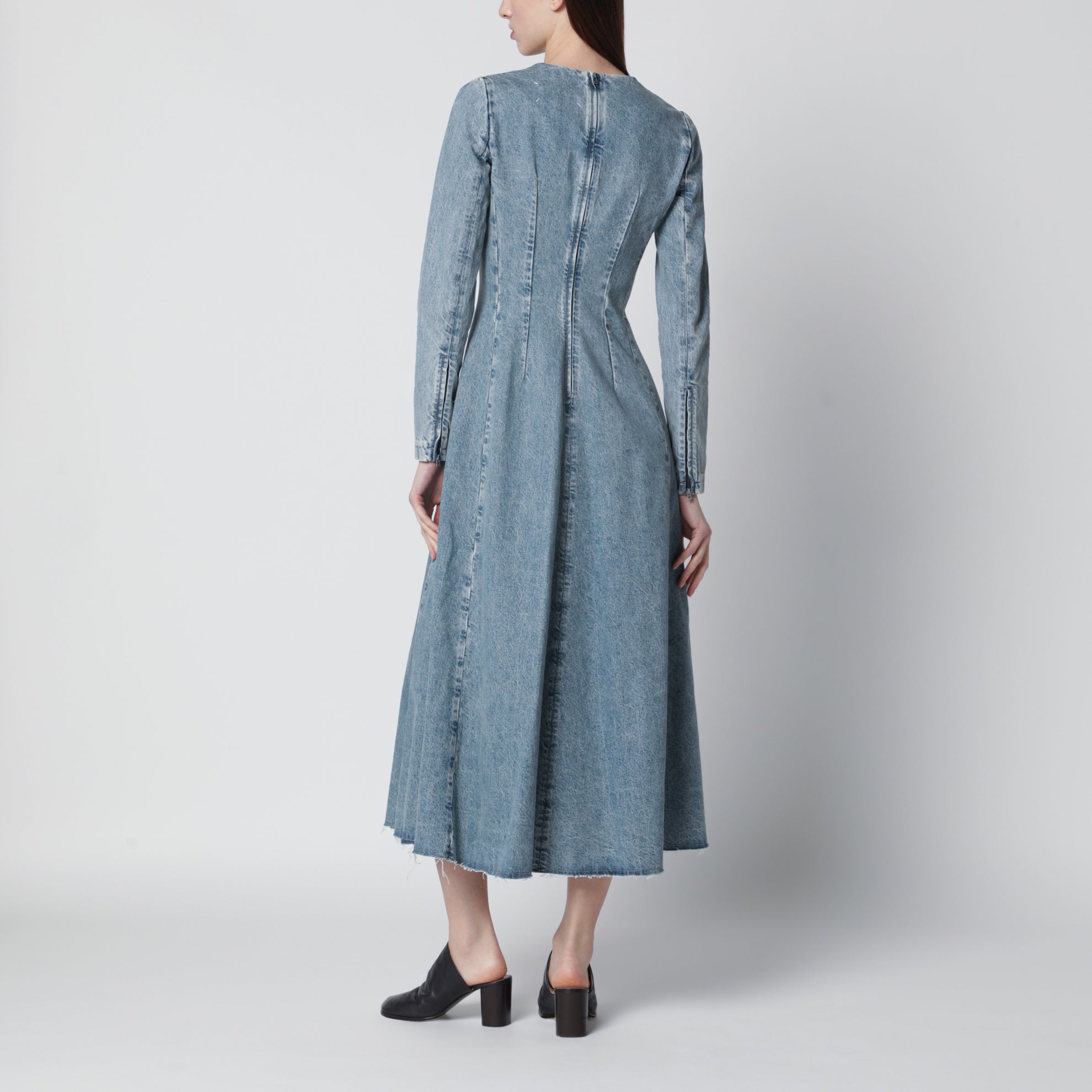 Cup-shoulder denim midi dress in ice blue