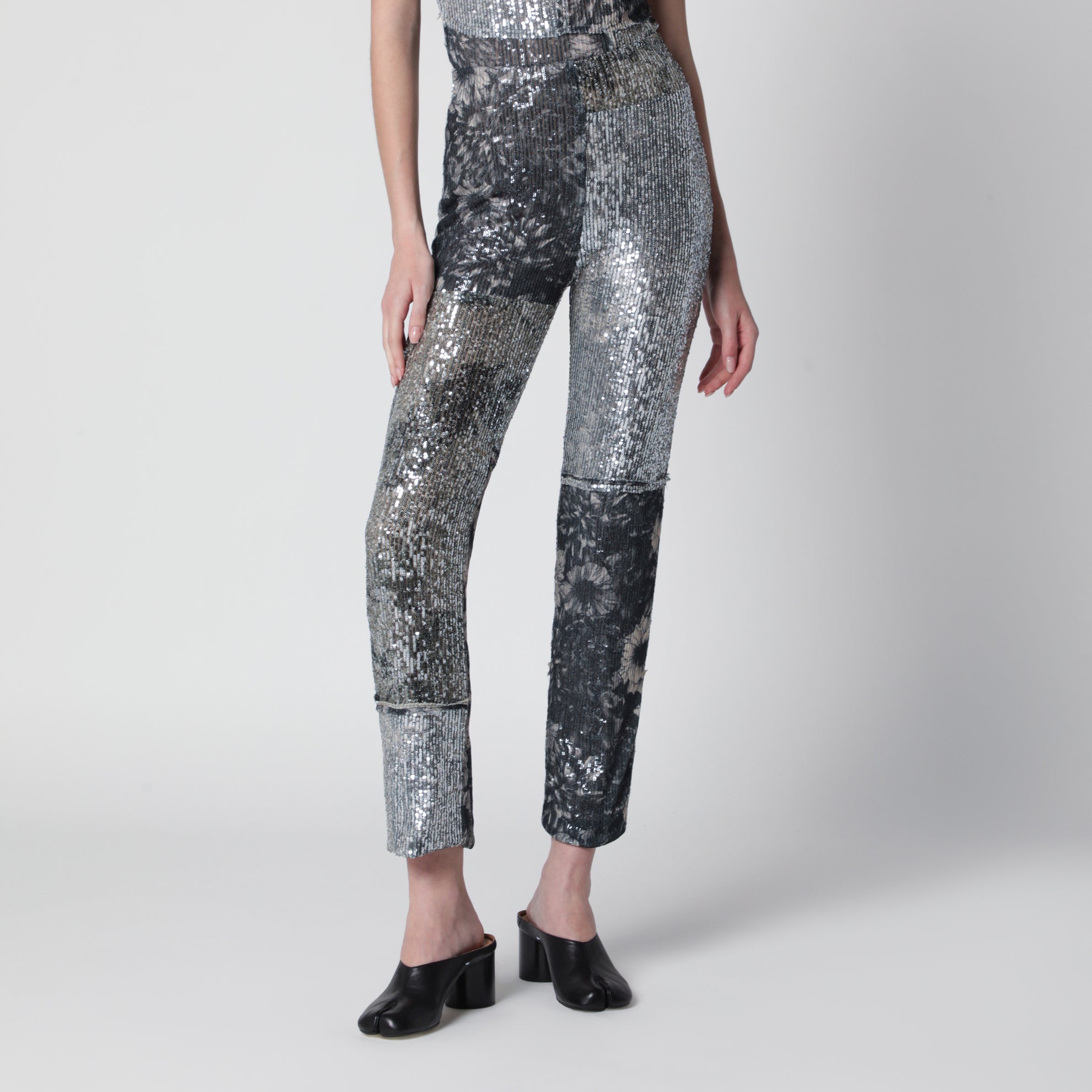 Patchwork trousers with floral sequins, multicolor