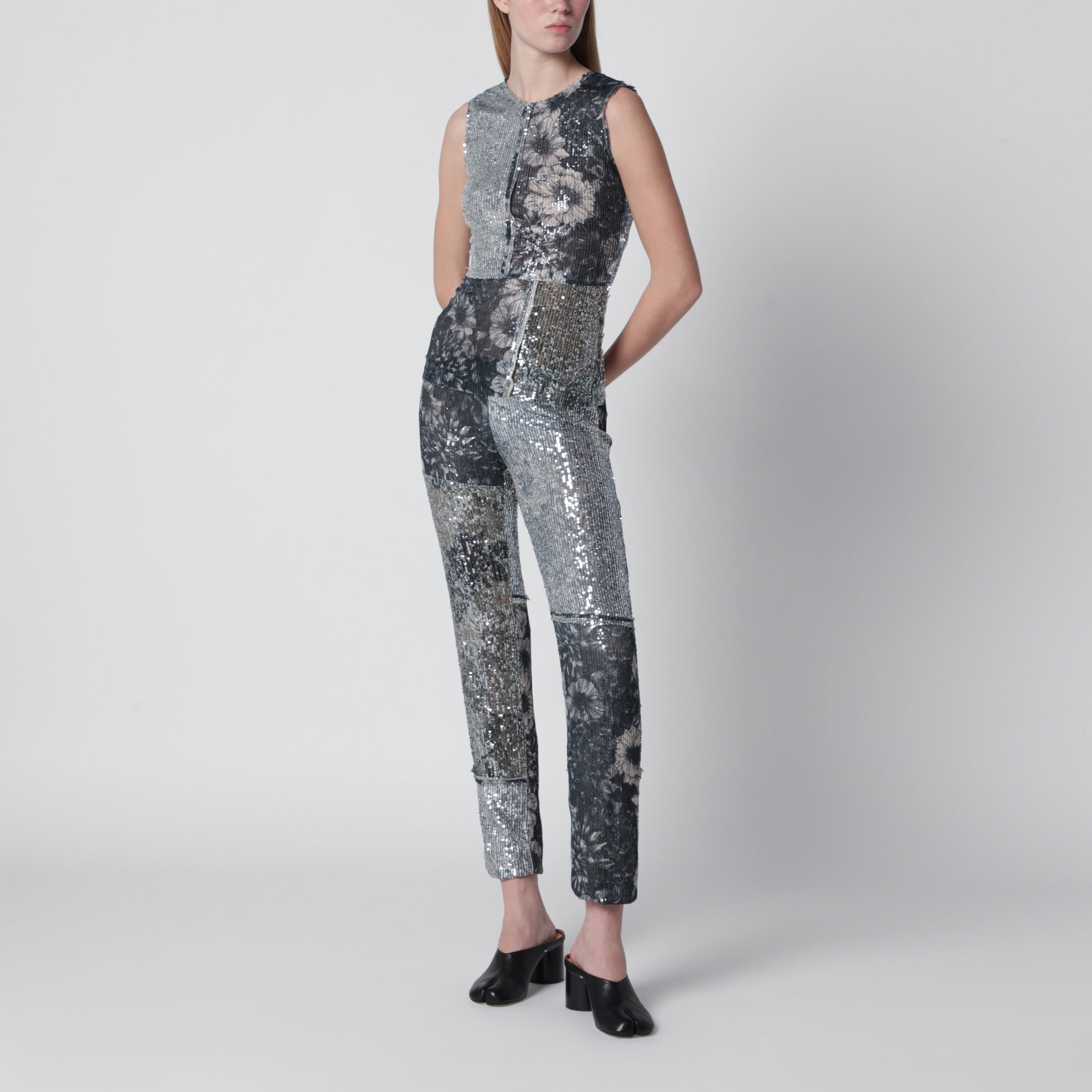 Patchwork trousers with floral sequins, multicolor