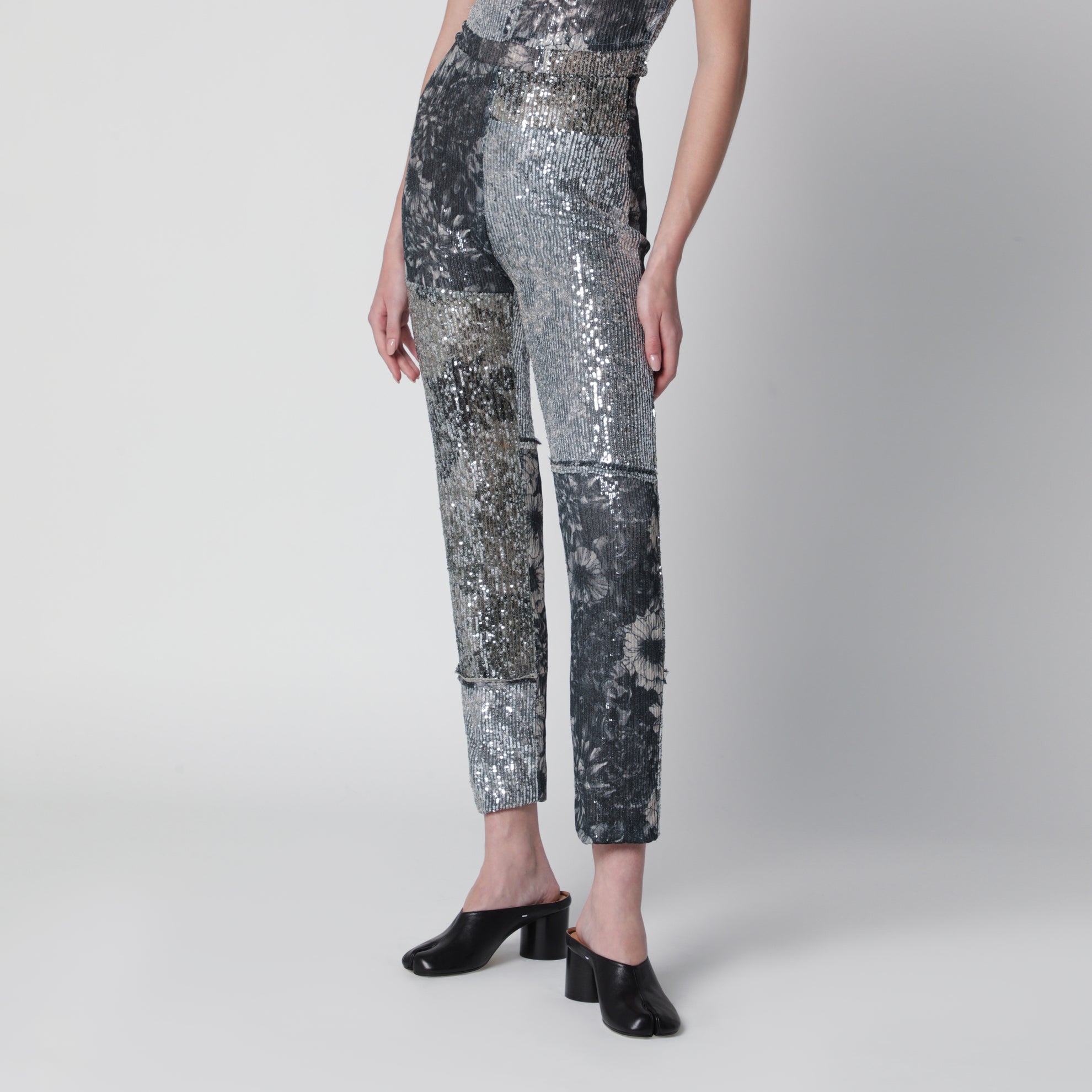 Patchwork trousers with floral sequins, multicolor
