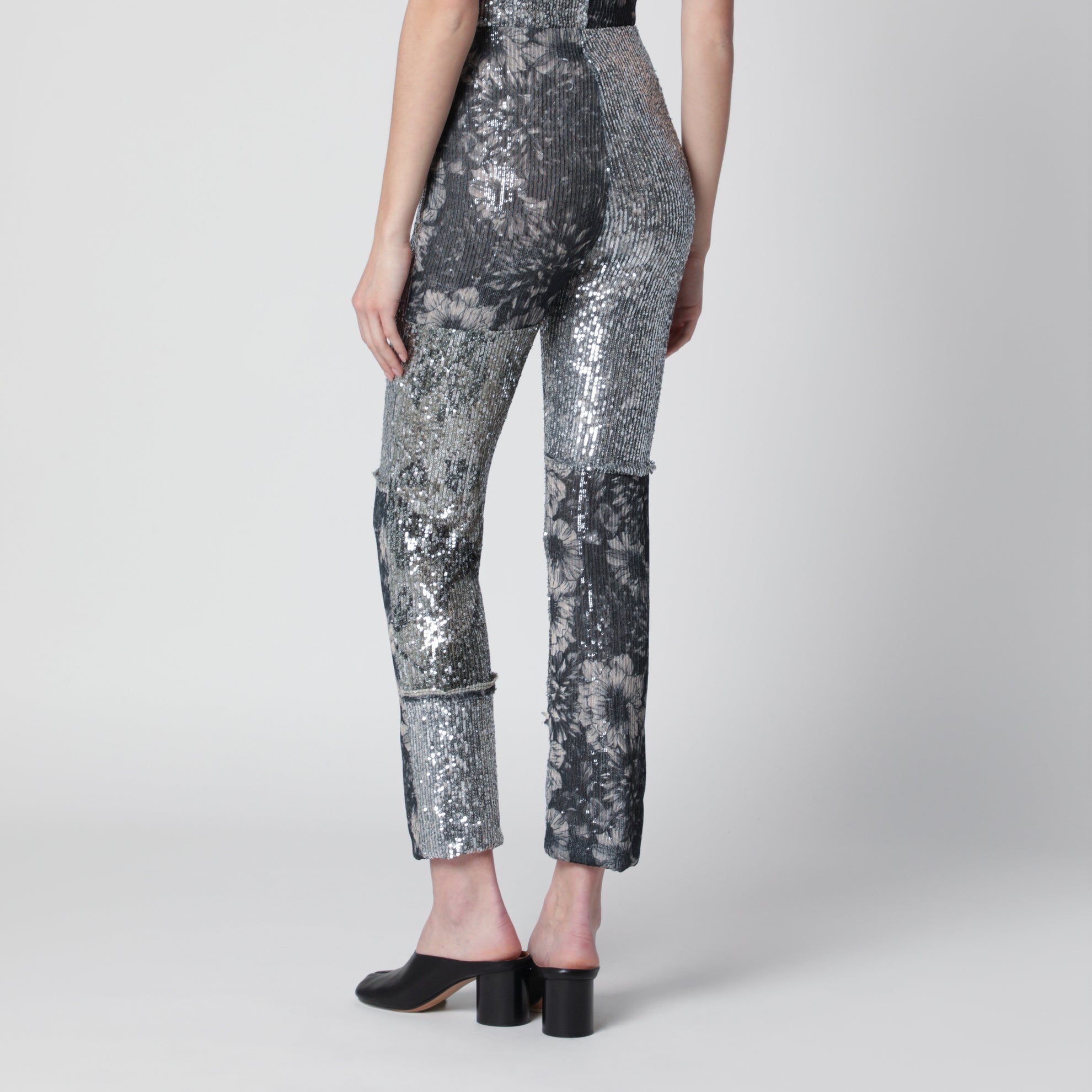 Patchwork trousers with floral sequins, multicolor