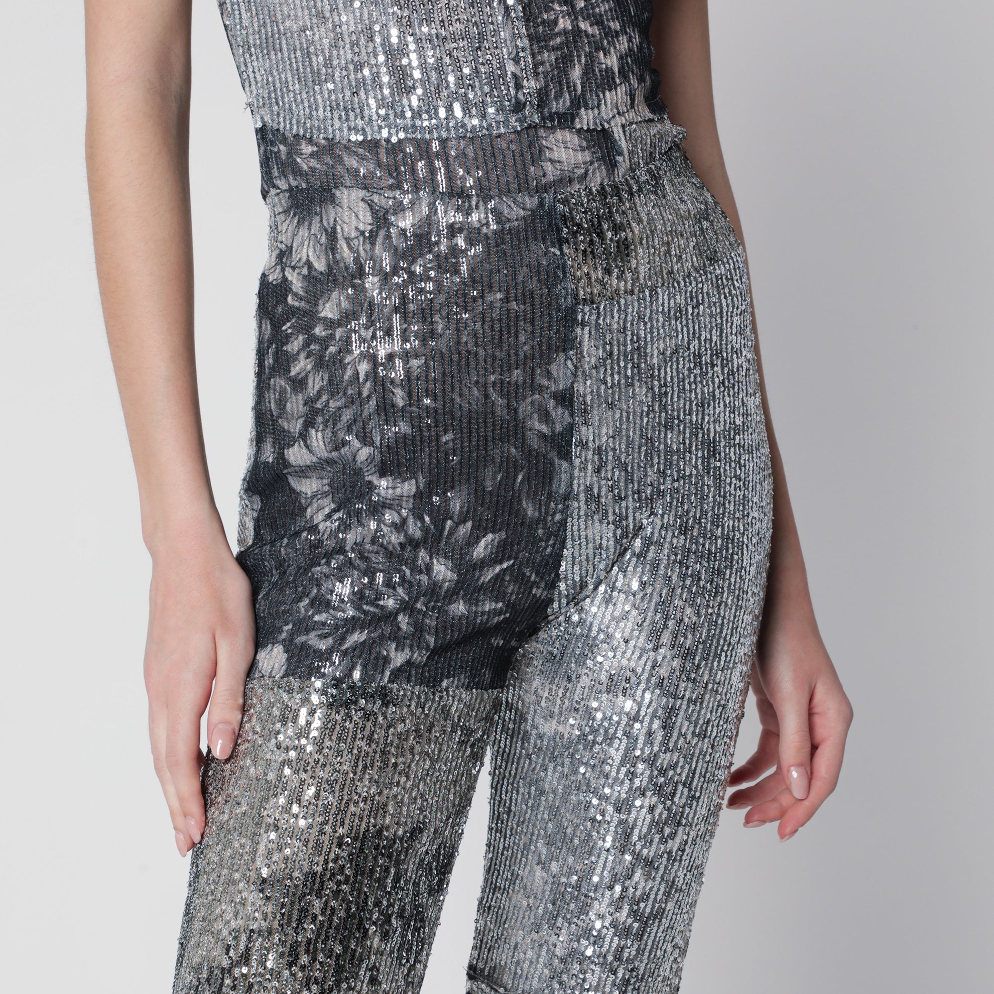 Patchwork trousers with floral sequins, multicolor