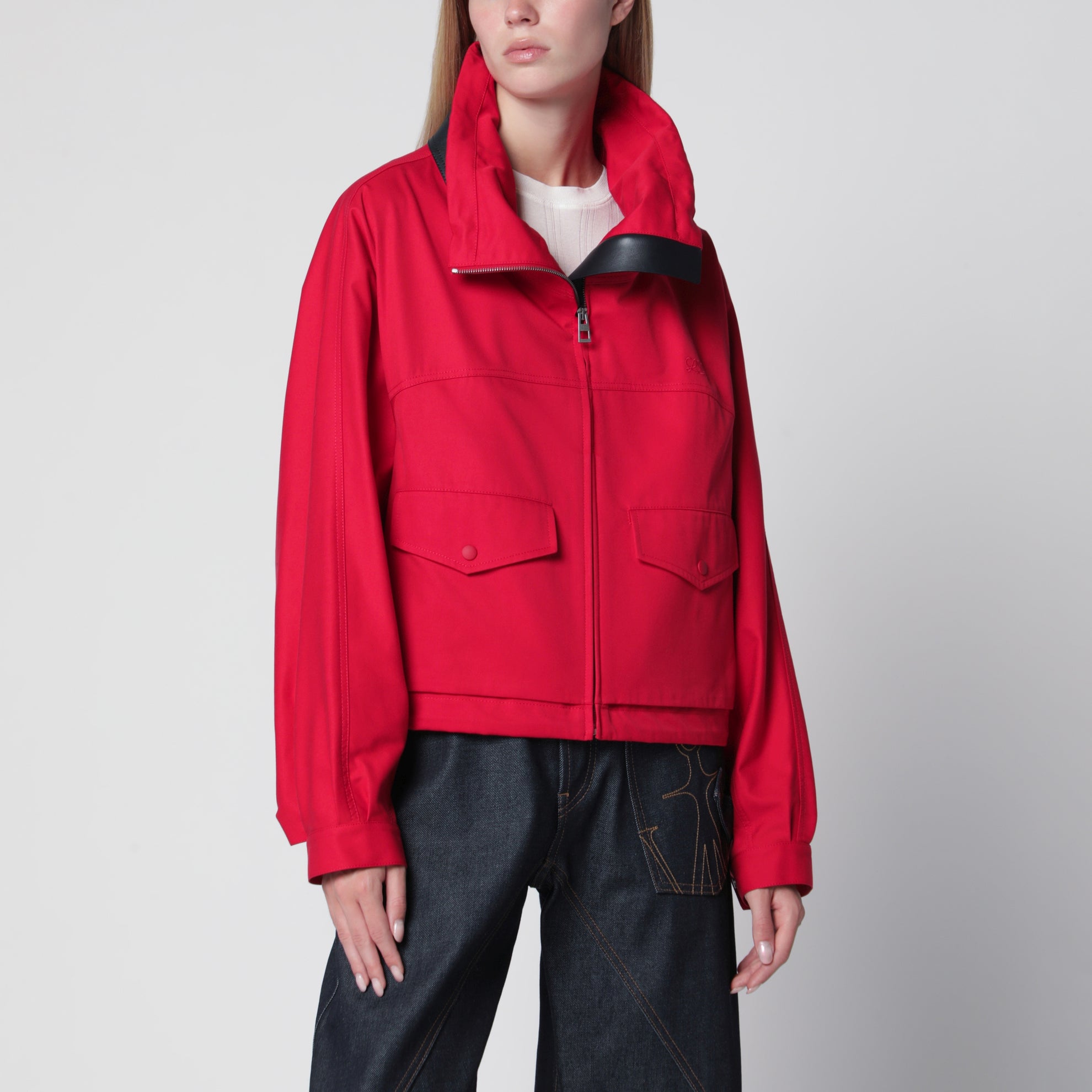 Giacca corta con zip in cotone e seta rossa