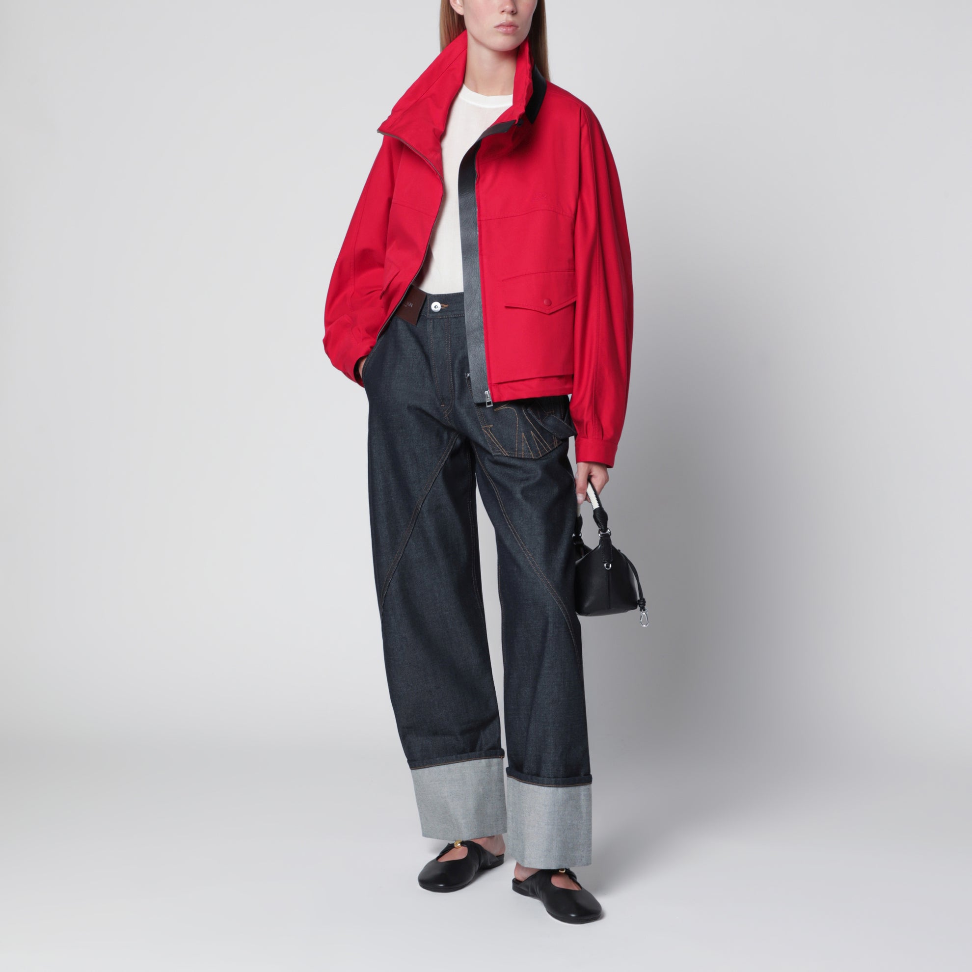Giacca corta con zip in cotone e seta rossa