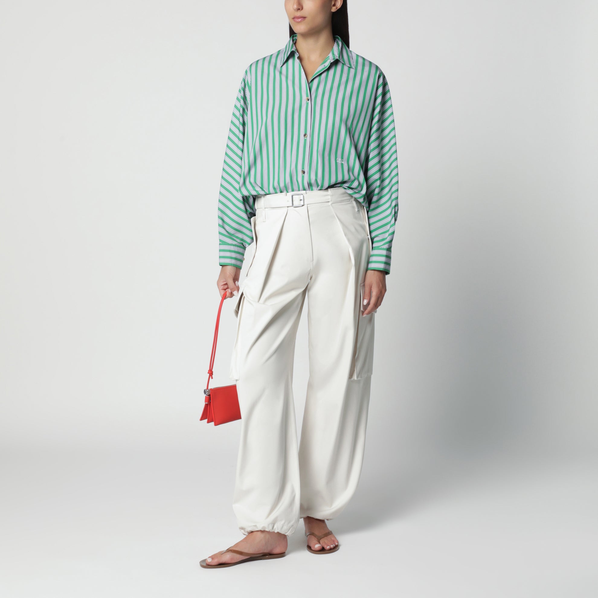 Pantaloni cargo avorio in cotone e seta