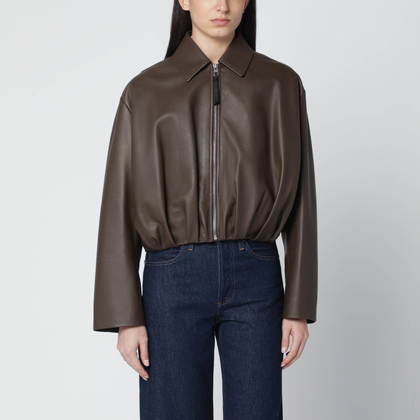 Dark green leather zip bomber