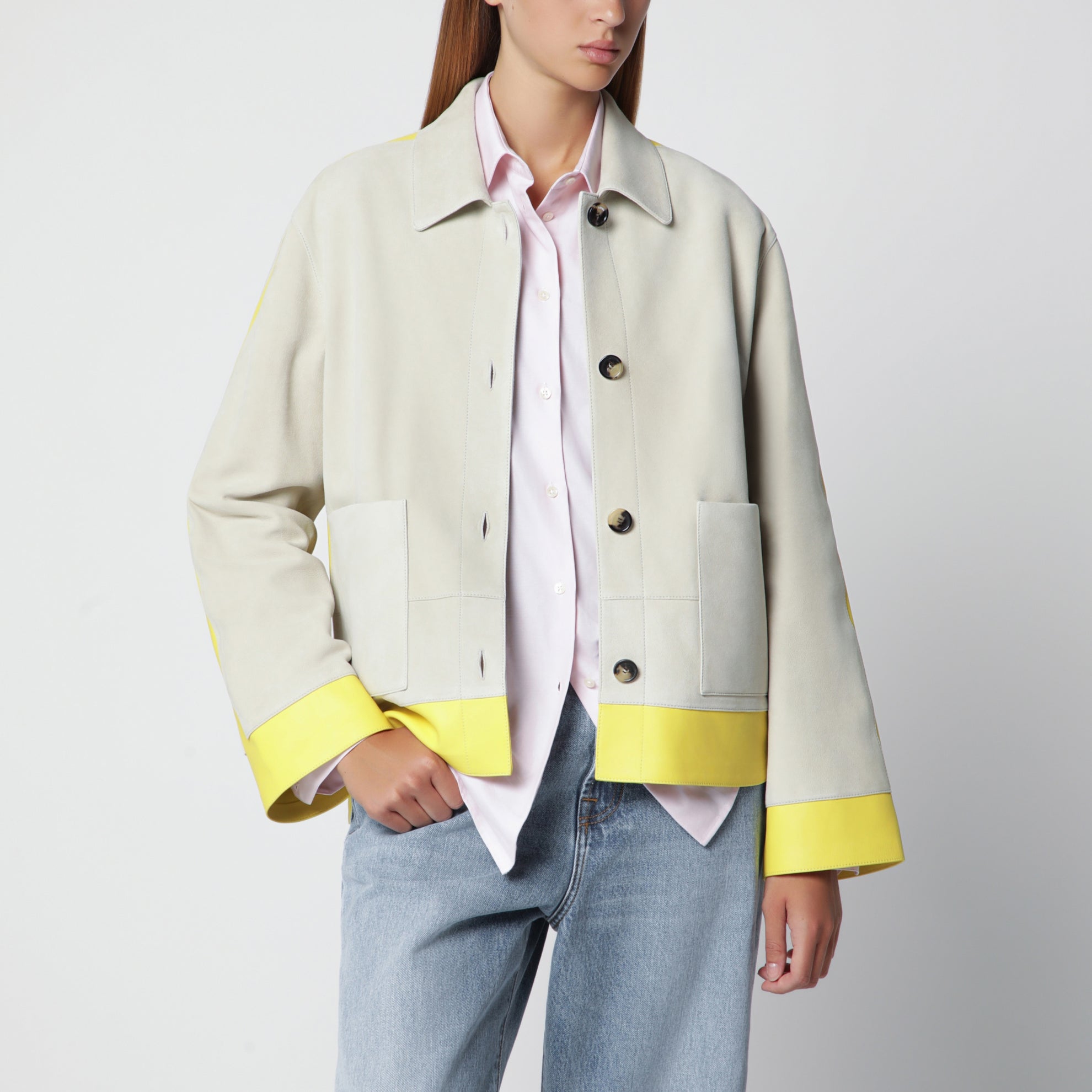 Light grey suede jacket with contrasting inserts