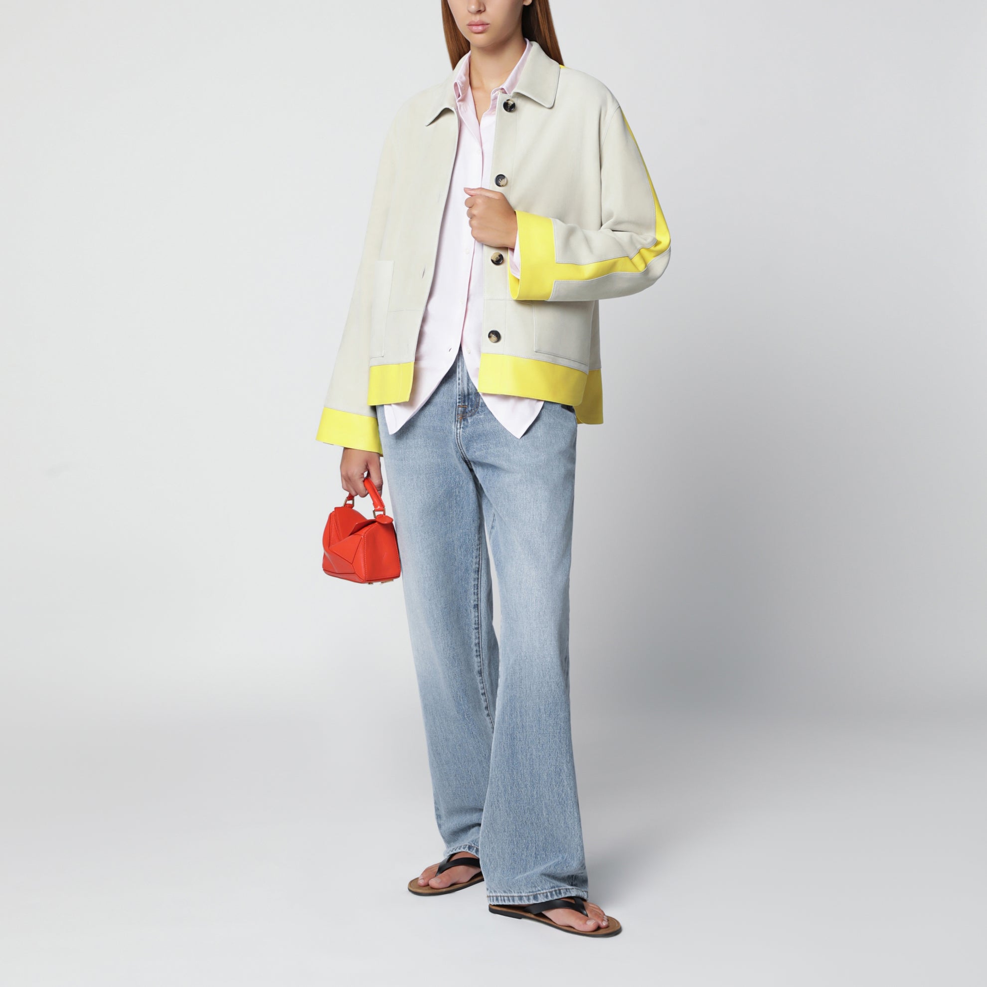 Light grey suede jacket with contrasting inserts