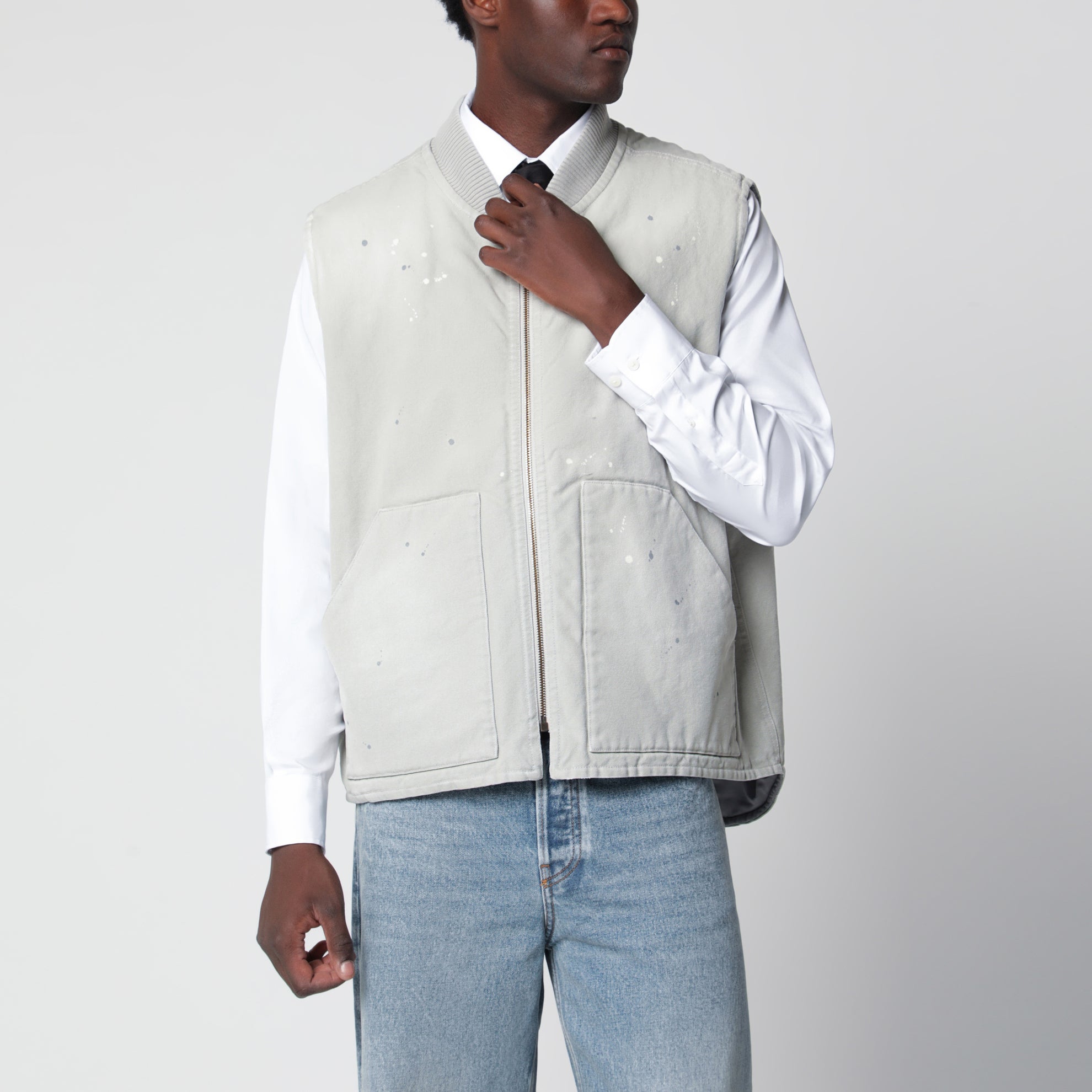 Vintage pearl grey vest with paint-effect details