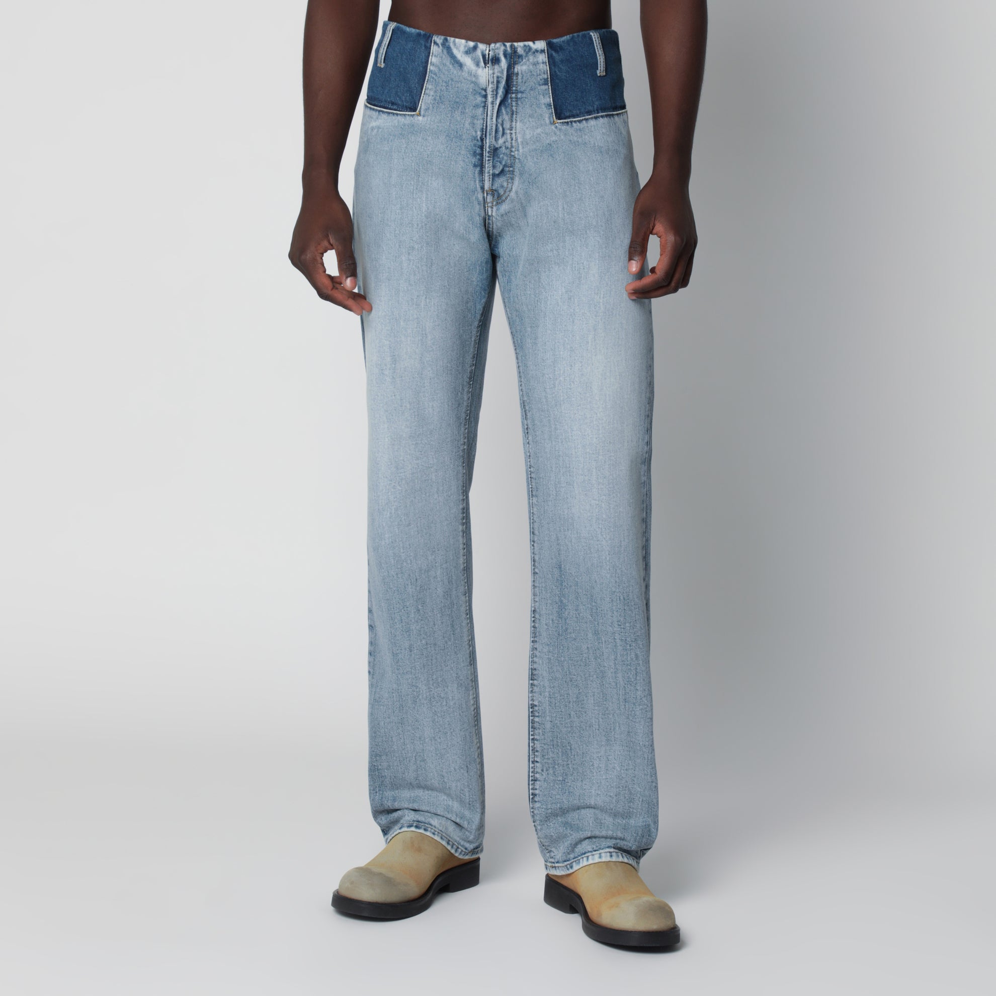 Jeans patchwork in denim blu indaco