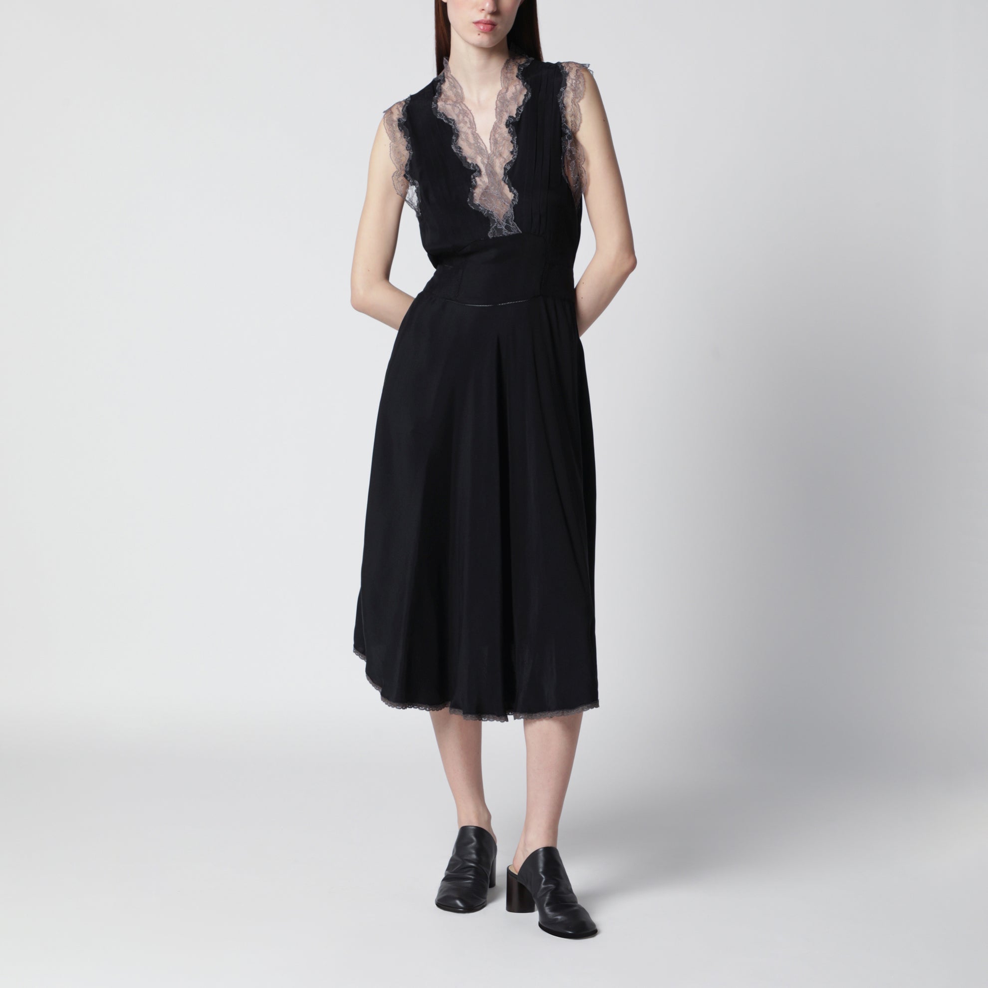 Black silk midi dress with lace