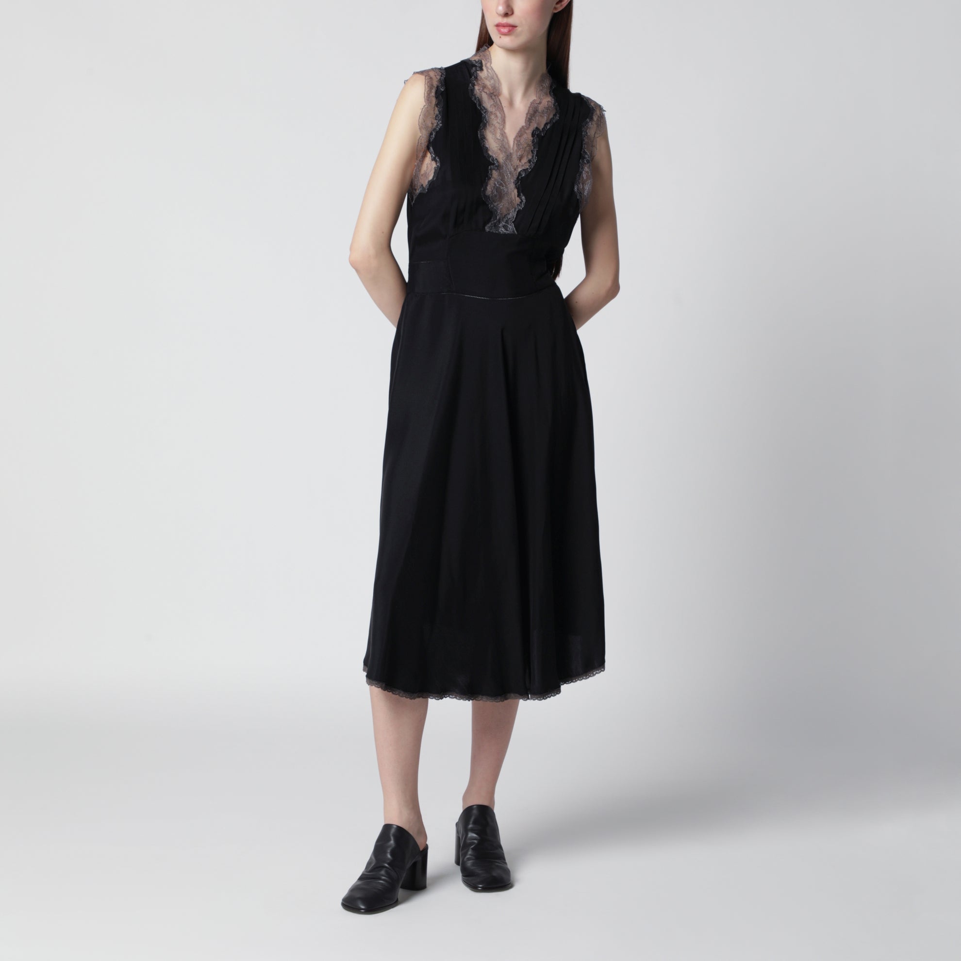 Black silk midi dress with lace