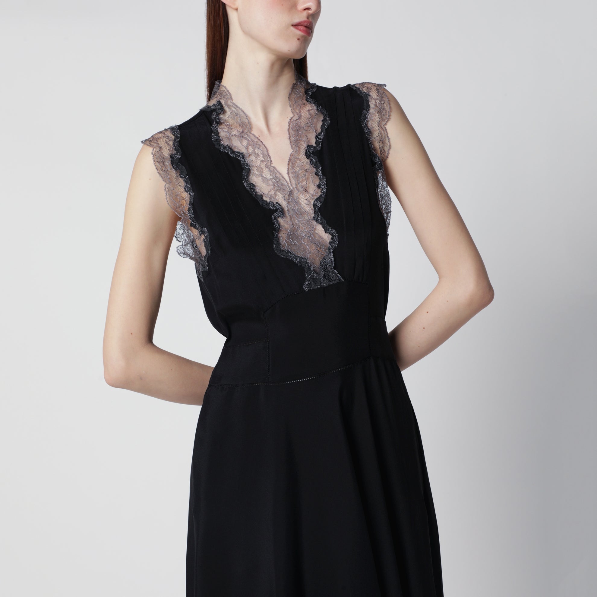 Black silk midi dress with lace
