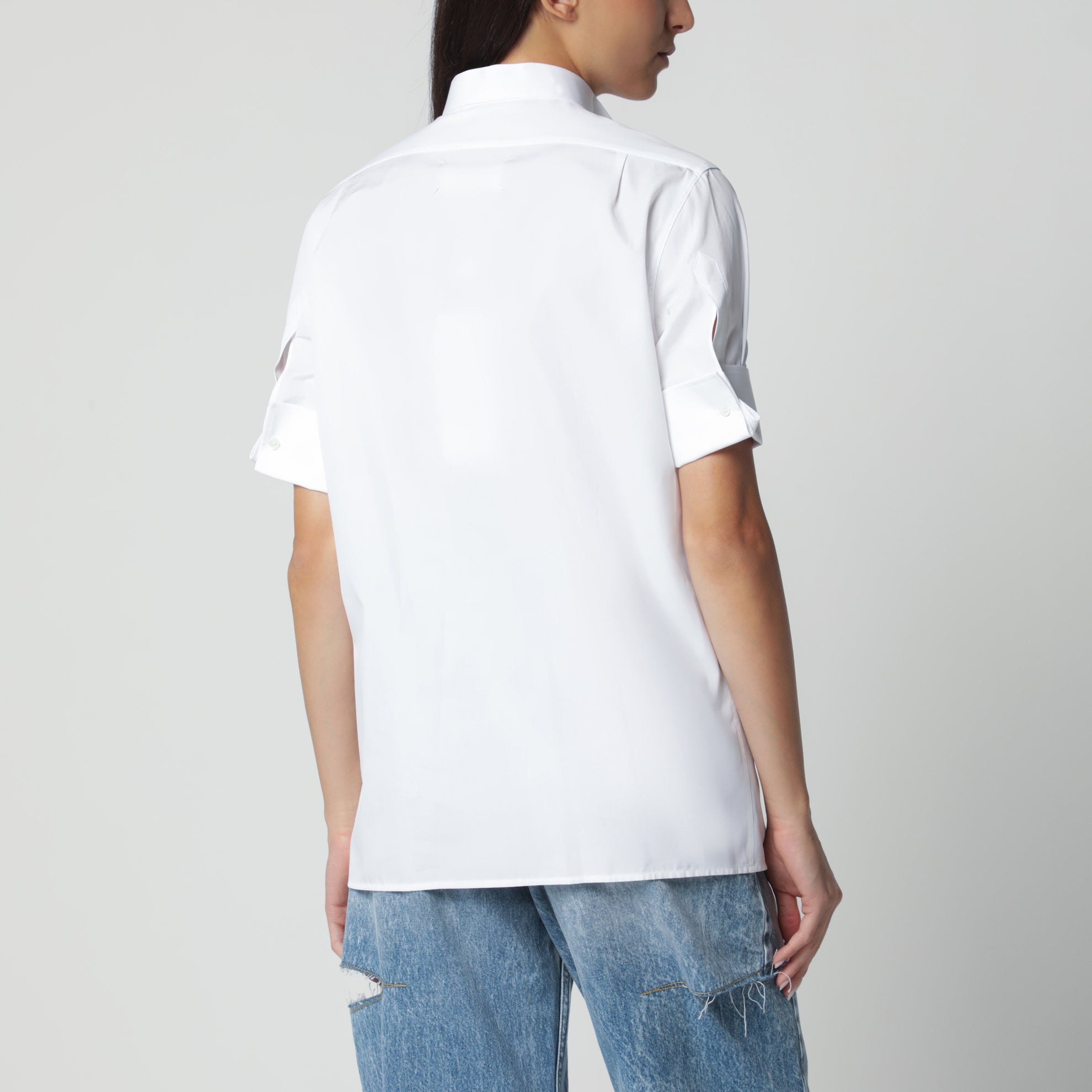 Camicia a maniche corte bianca in popeline di cotone