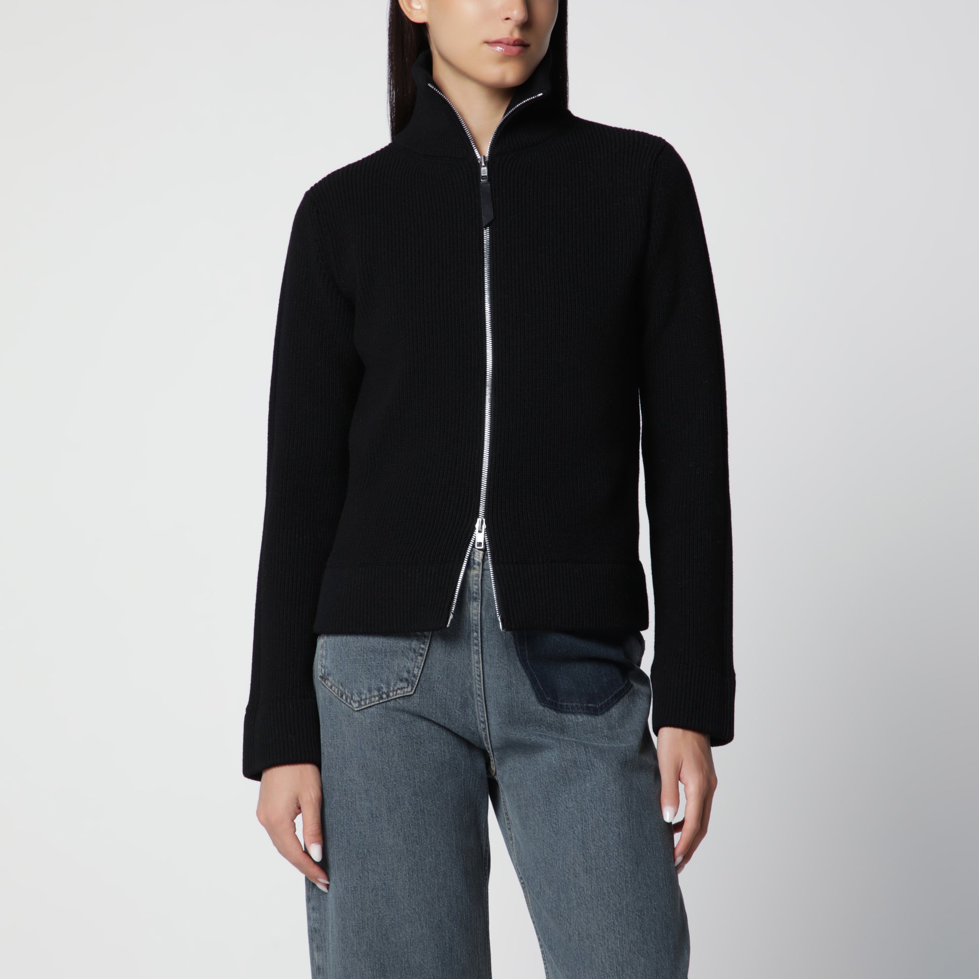 Cardigan con zip nero in misto lana