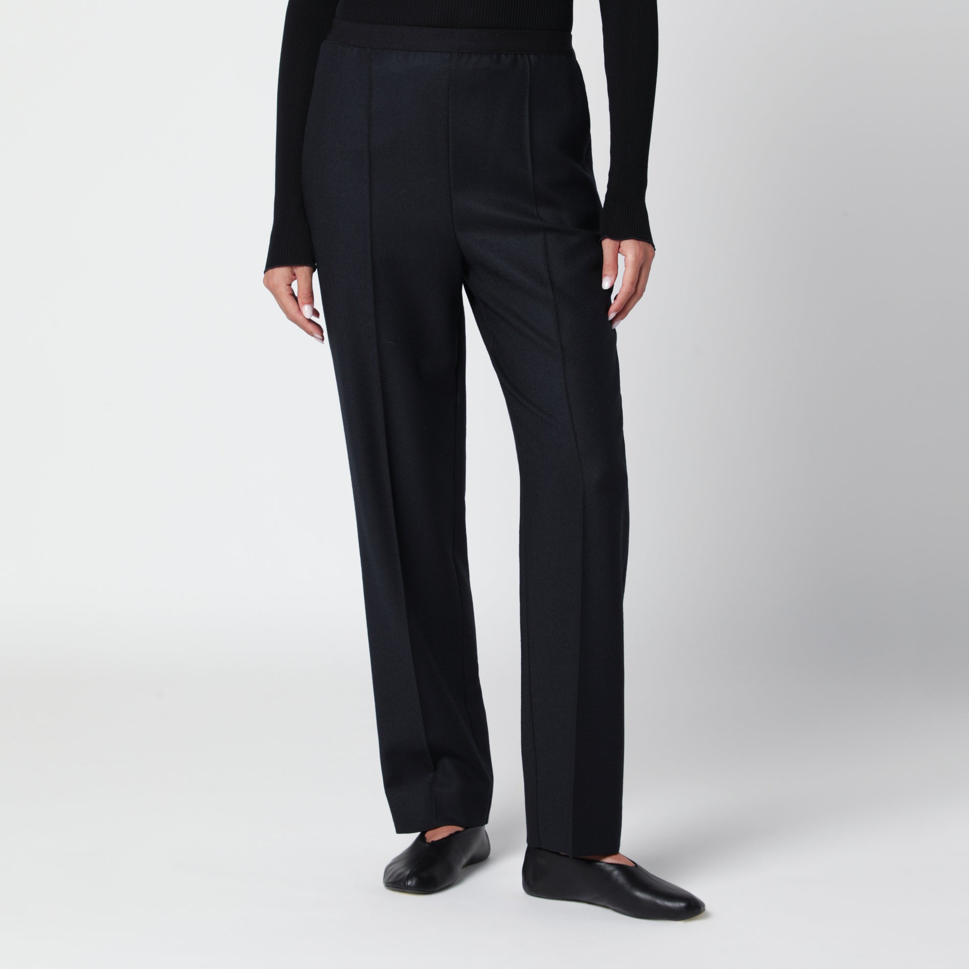 Pantaloni dritti blu navy in lana vergine