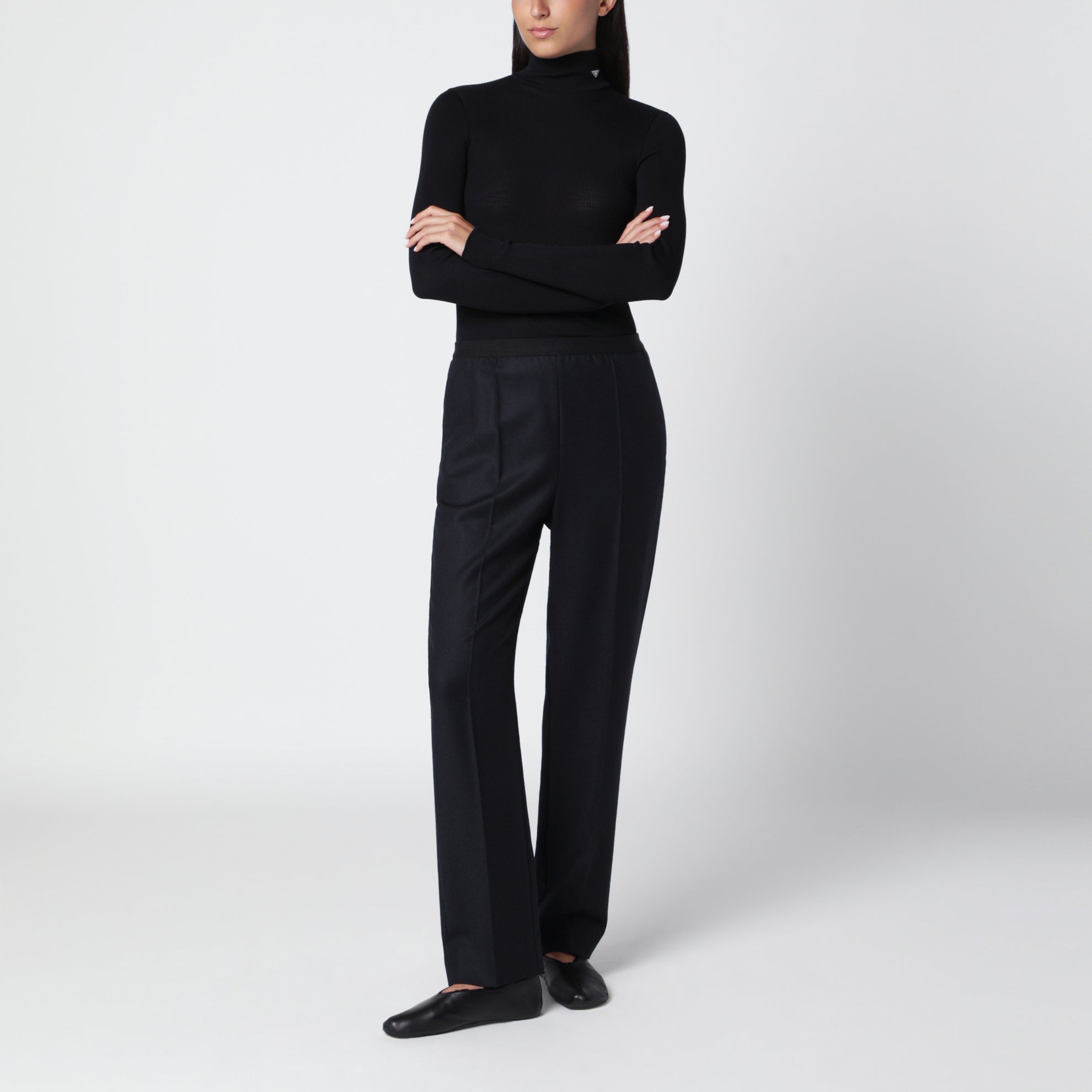 Pantaloni dritti blu navy in lana vergine