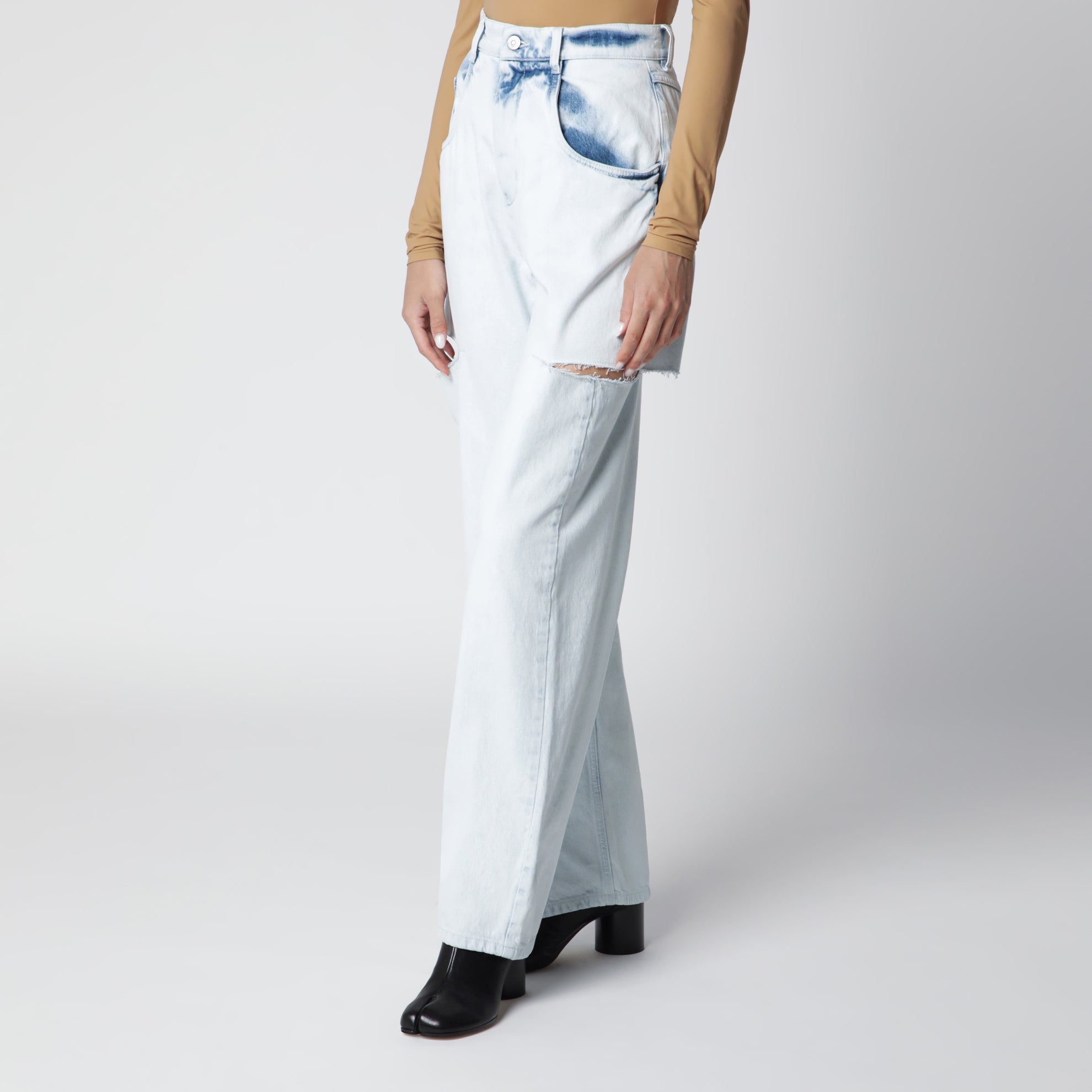 Jeans con cut-out in cotone blu sbiadito