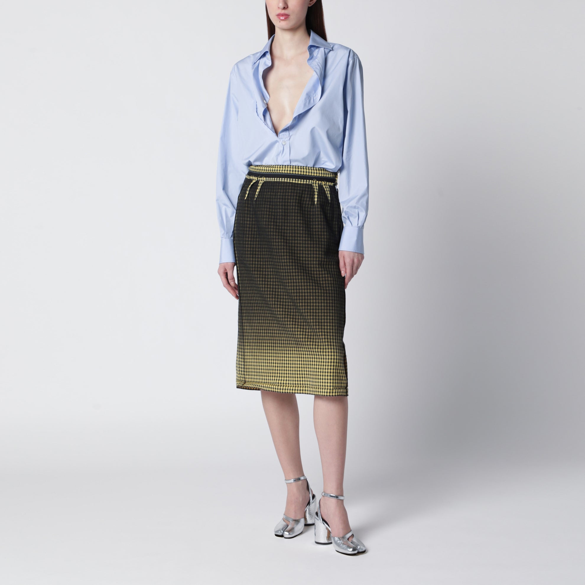 Virgin wool midi skirt with faded check pattern
