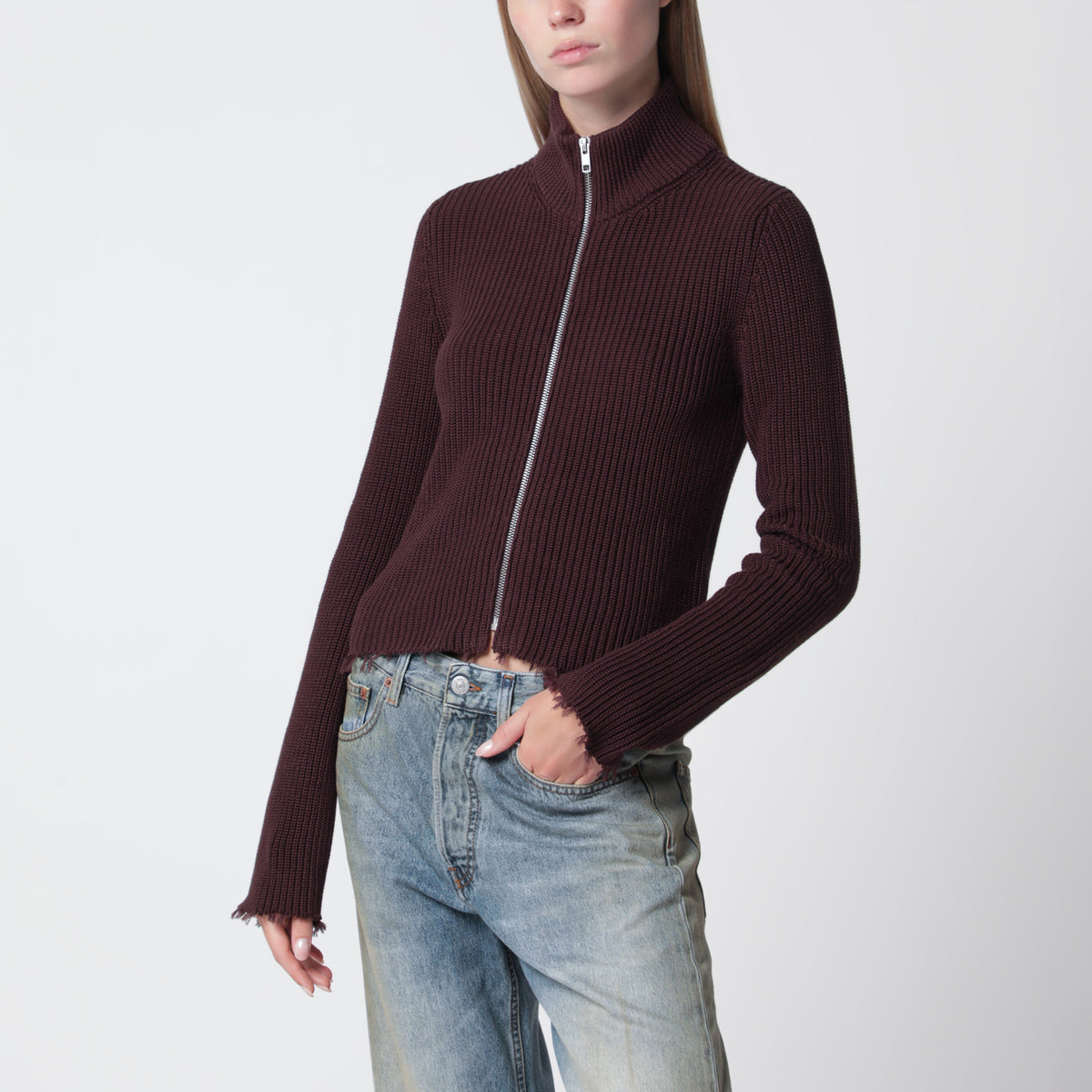 MM6 Maison Margiela Chocolate rib-knit zip cardigan | TheDoubleF