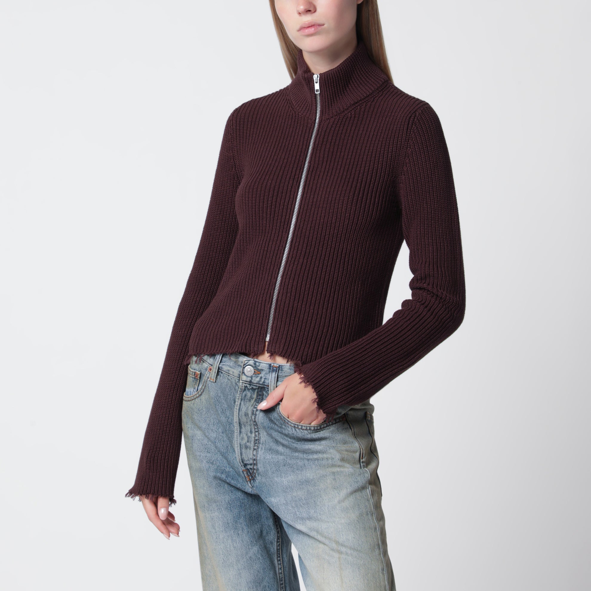 Chocolate rib-knit zip cardigan
