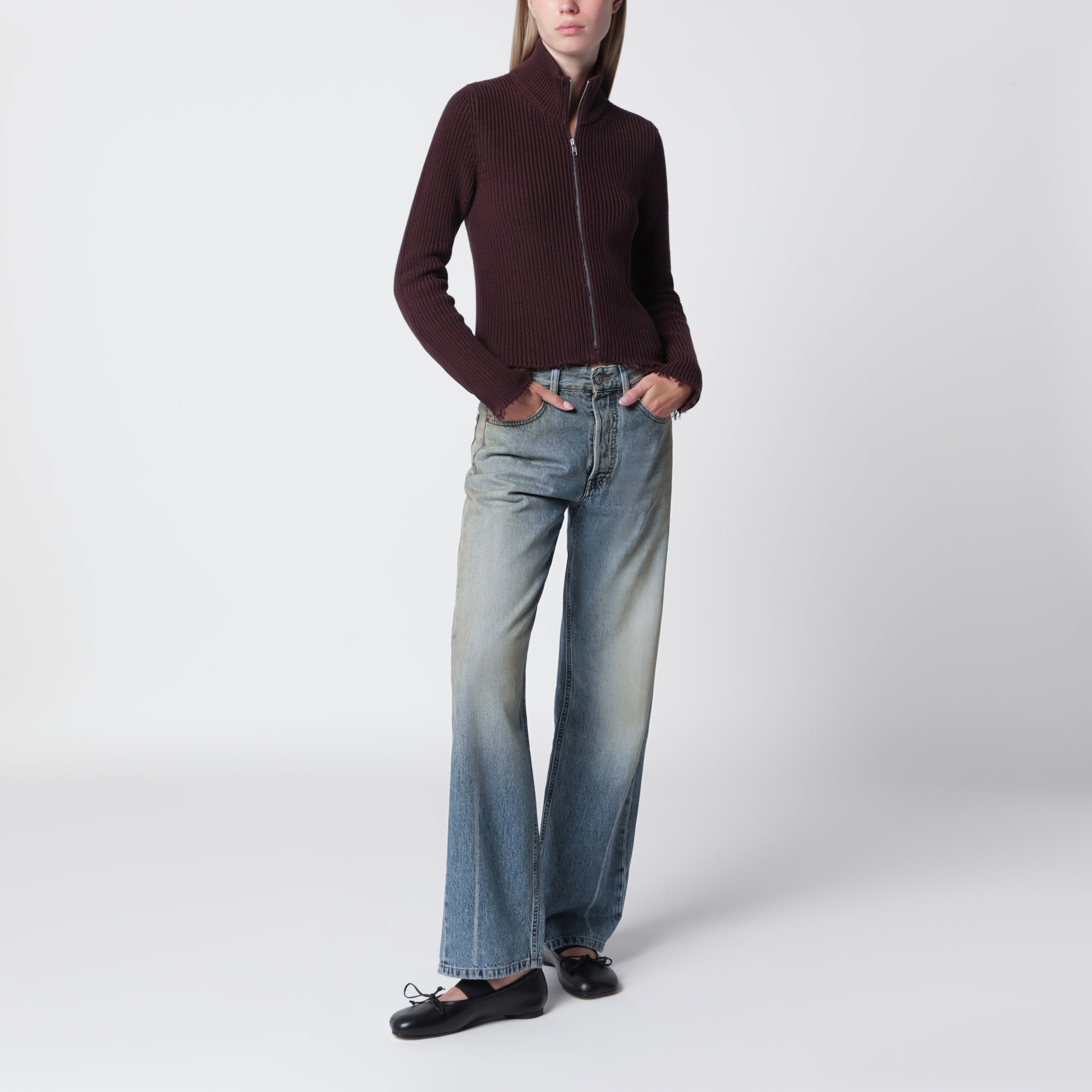 Chocolate rib-knit zip cardigan