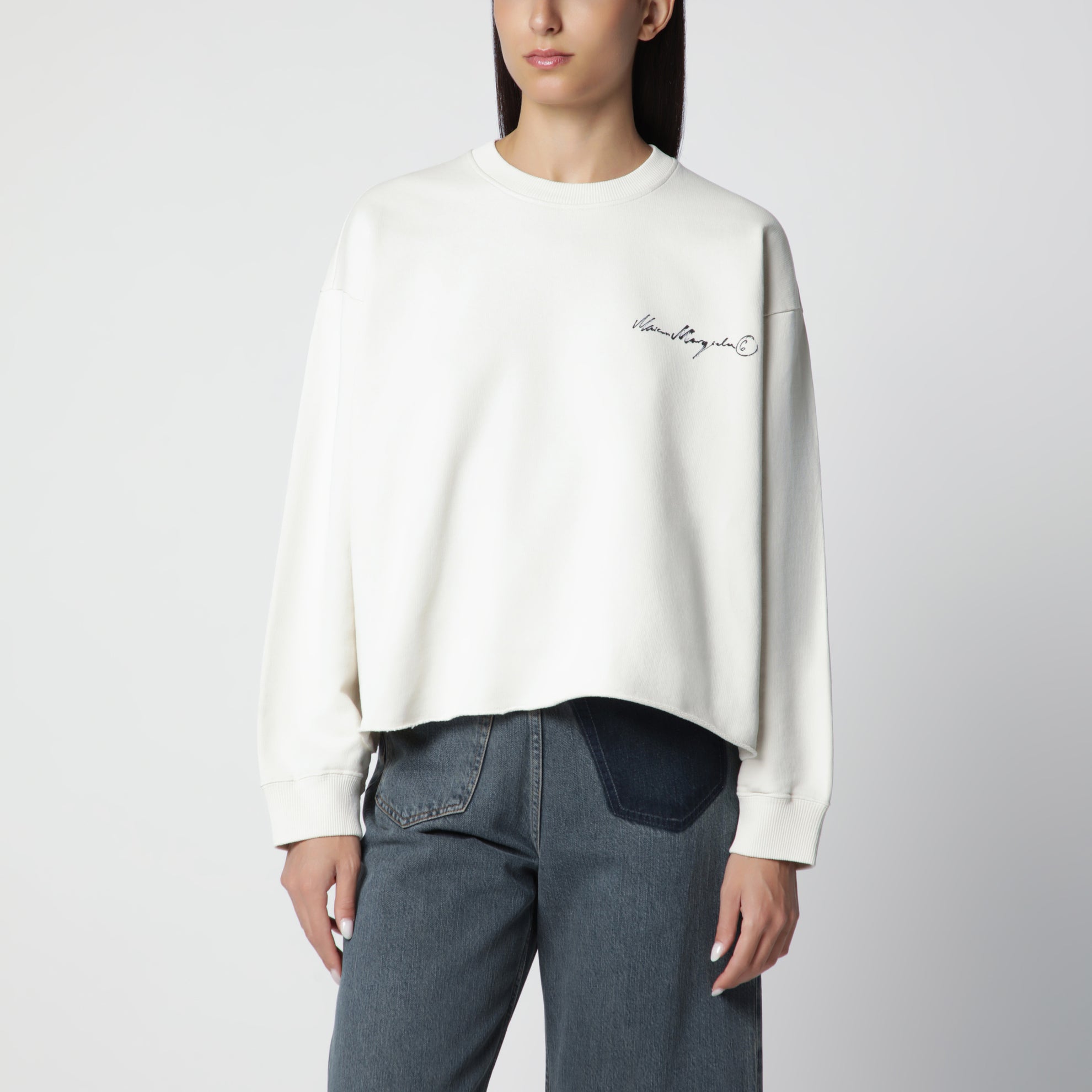 Écrufarbenes Fleece-Sweatshirt mit Logoprint
