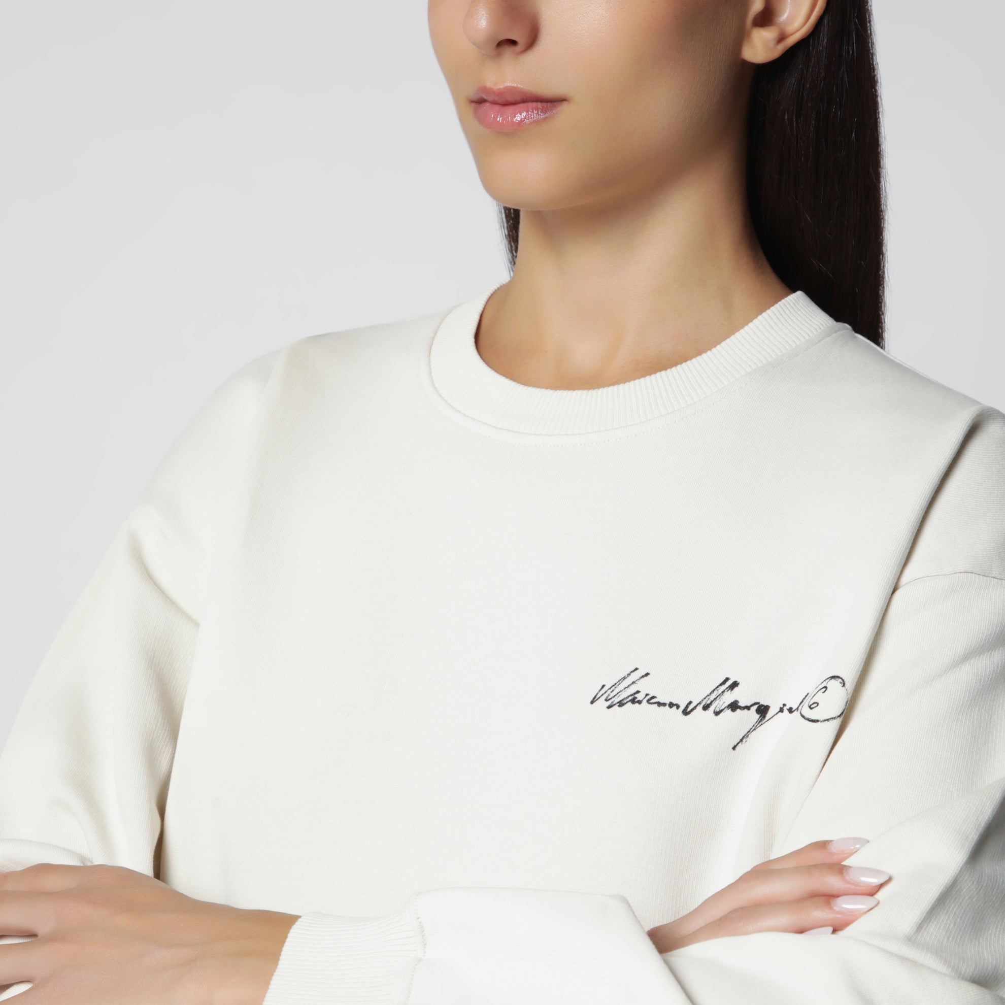 Écrufarbenes Fleece-Sweatshirt mit Logoprint