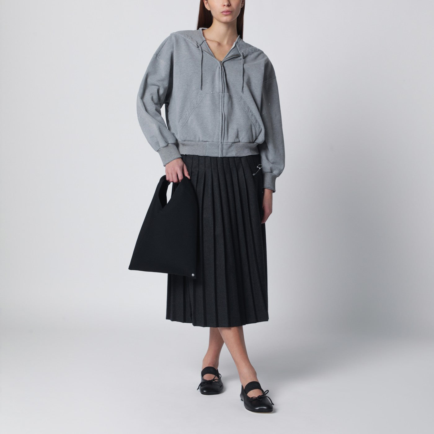 トップス MM6 FELPA CON JIP MM6 Maison Margiela Felpa con zip e coulisse in cotone grigia