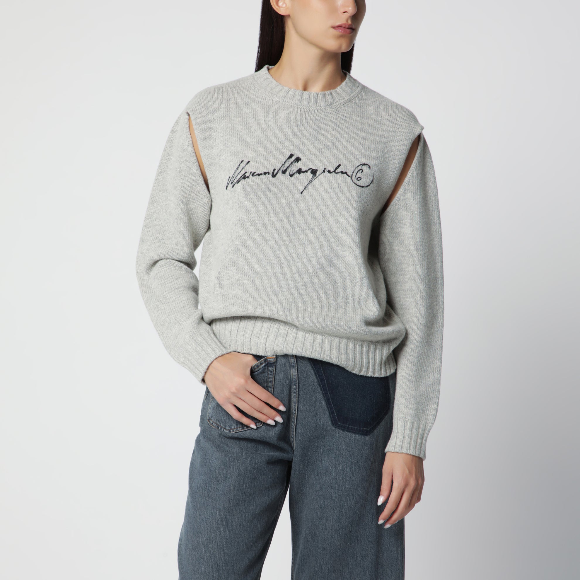 Pull en maille à inscription calligraphiée gris chiné