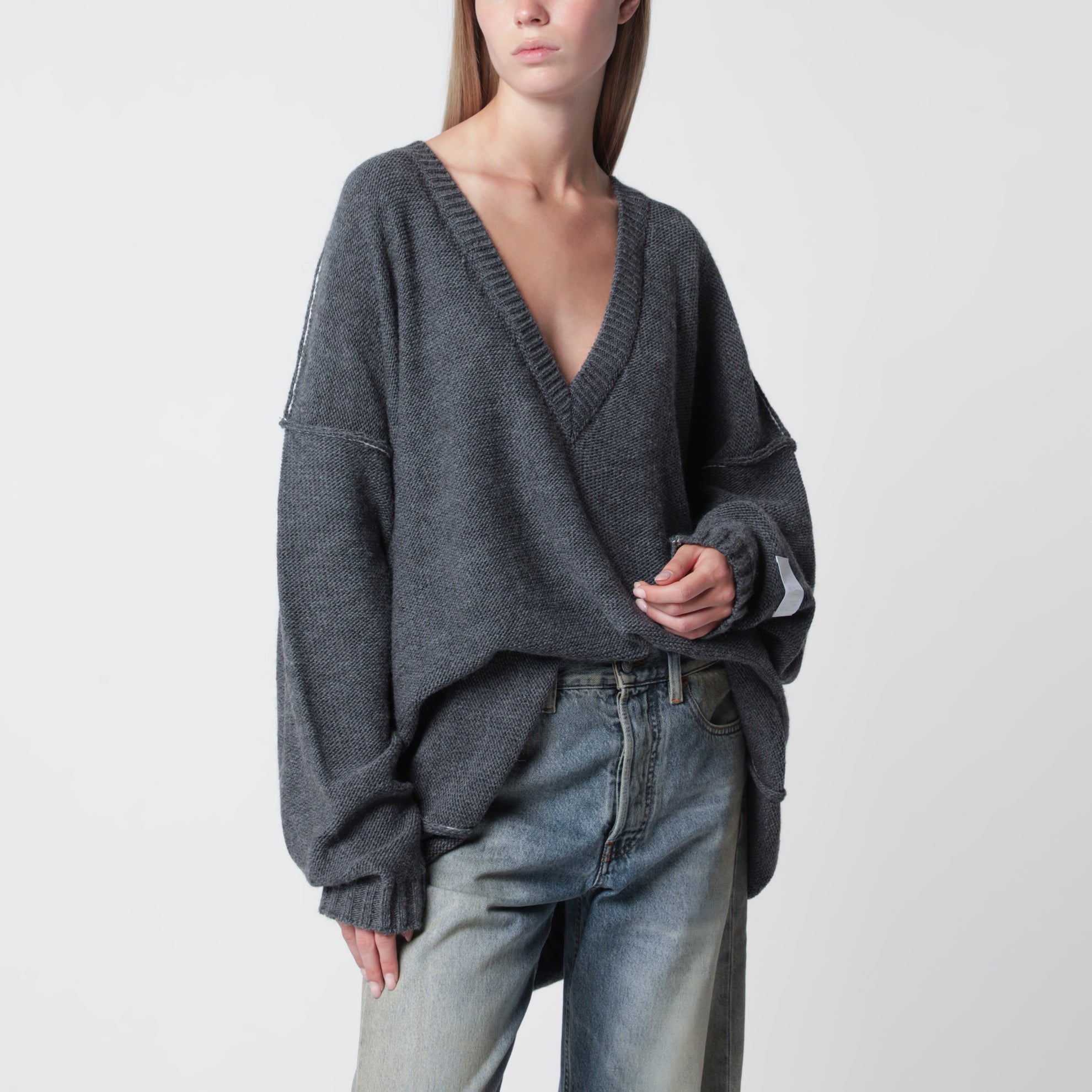 Pull oversize à col V en maille gris mélangé