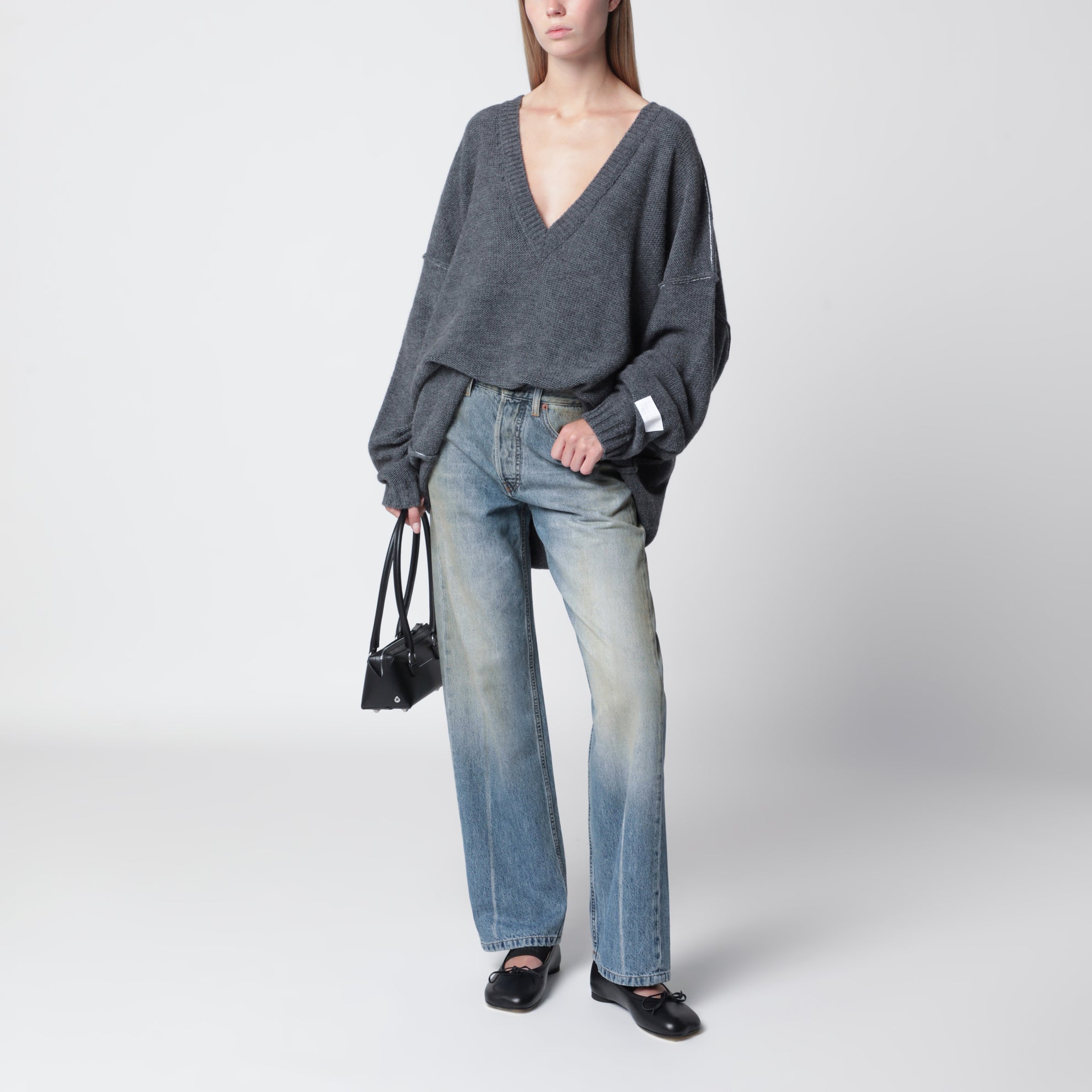Pull oversize à col V en maille gris mélangé
