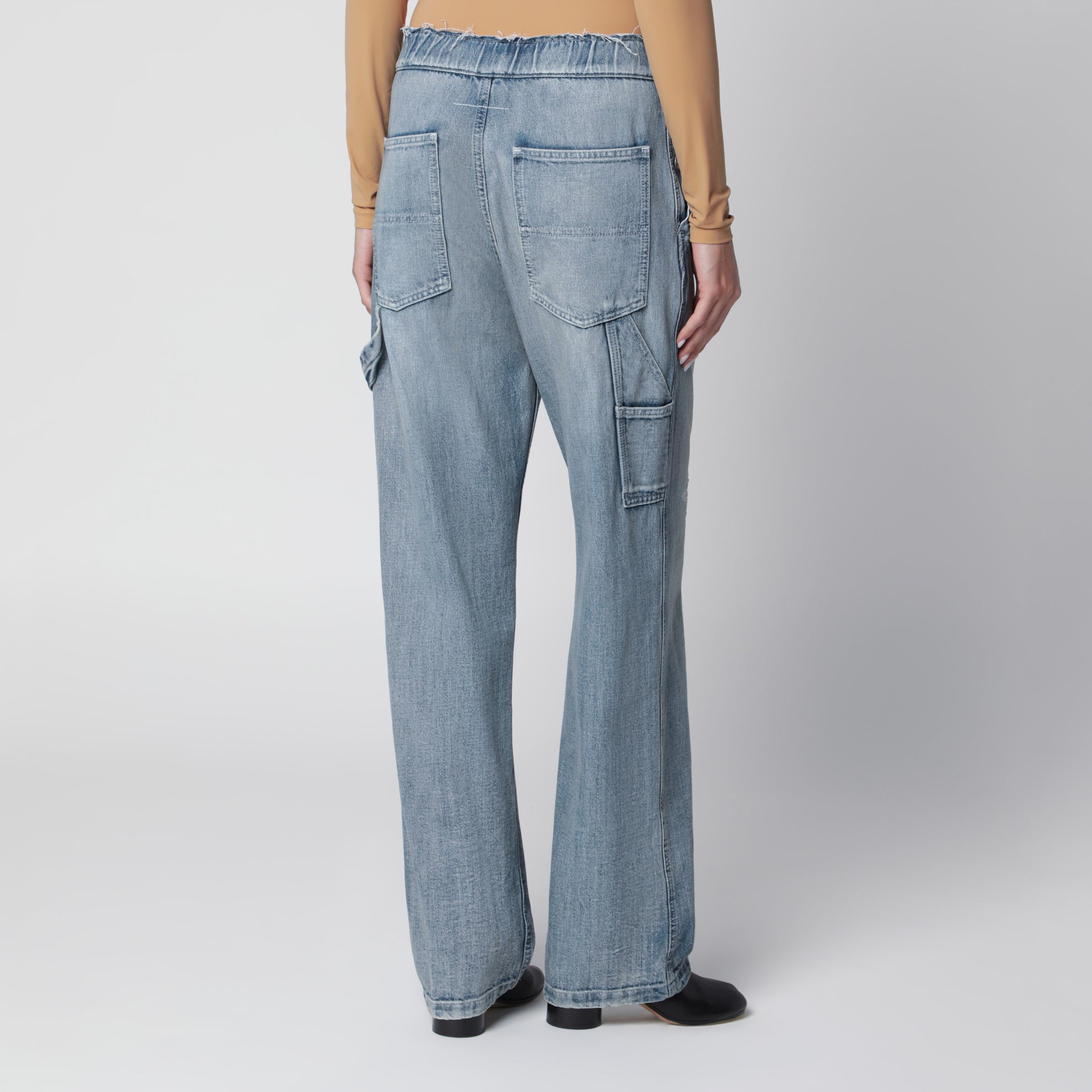 Jeans a gamba larga con cintura sfrangiata blu