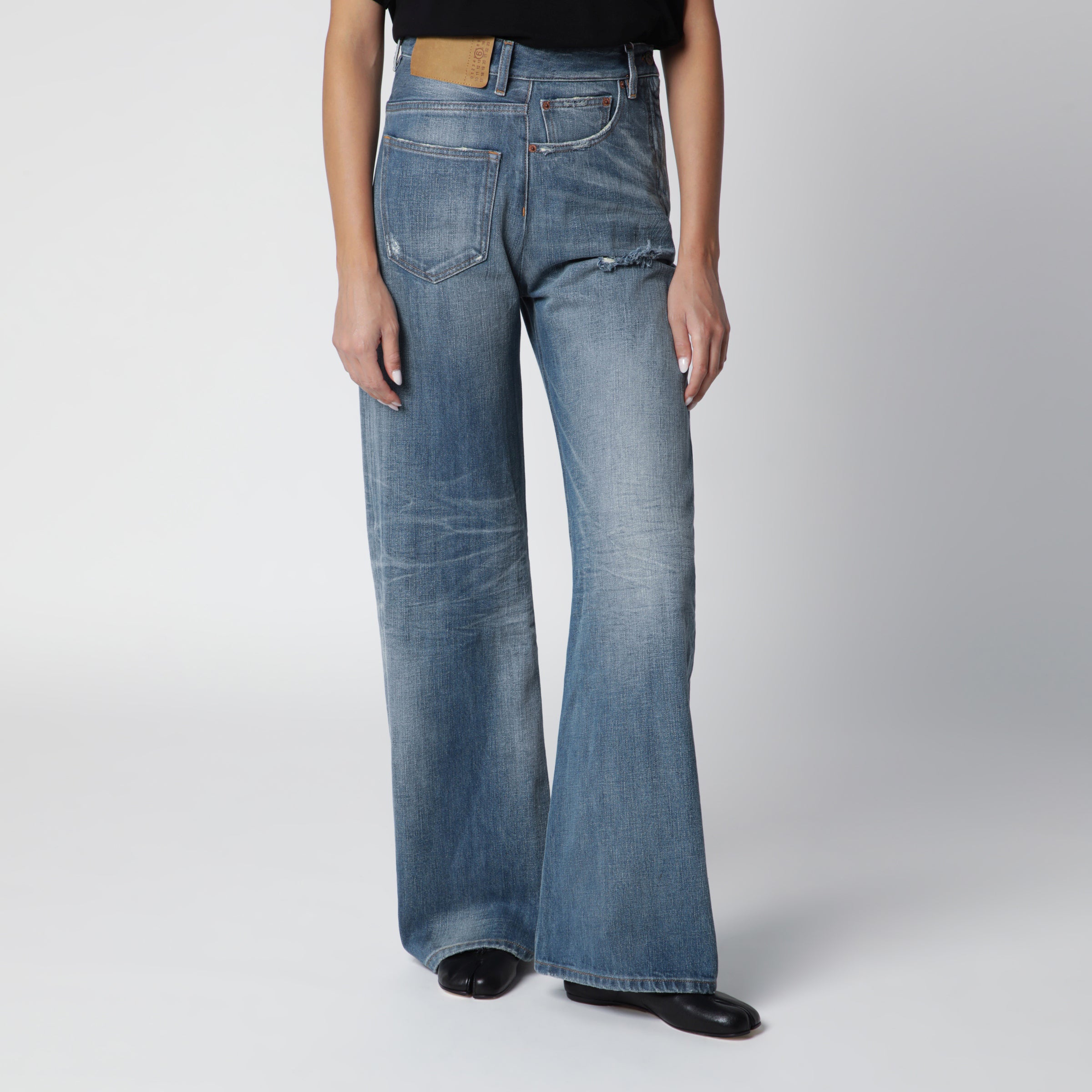 MM6 Maison Margiela Distressed wide-leg denim jeans in medium blue