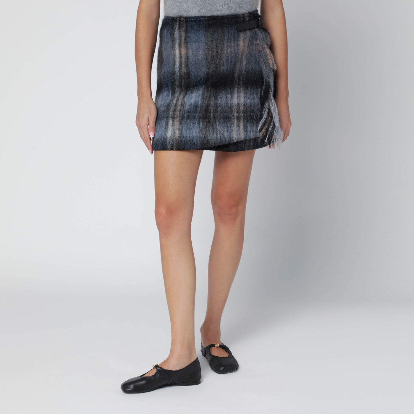 Mini gonna blu a quadri in misto mohair e lana