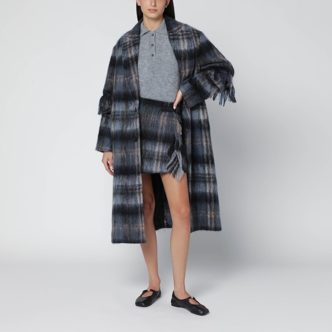 Mini gonna blu a quadri in misto mohair e lana