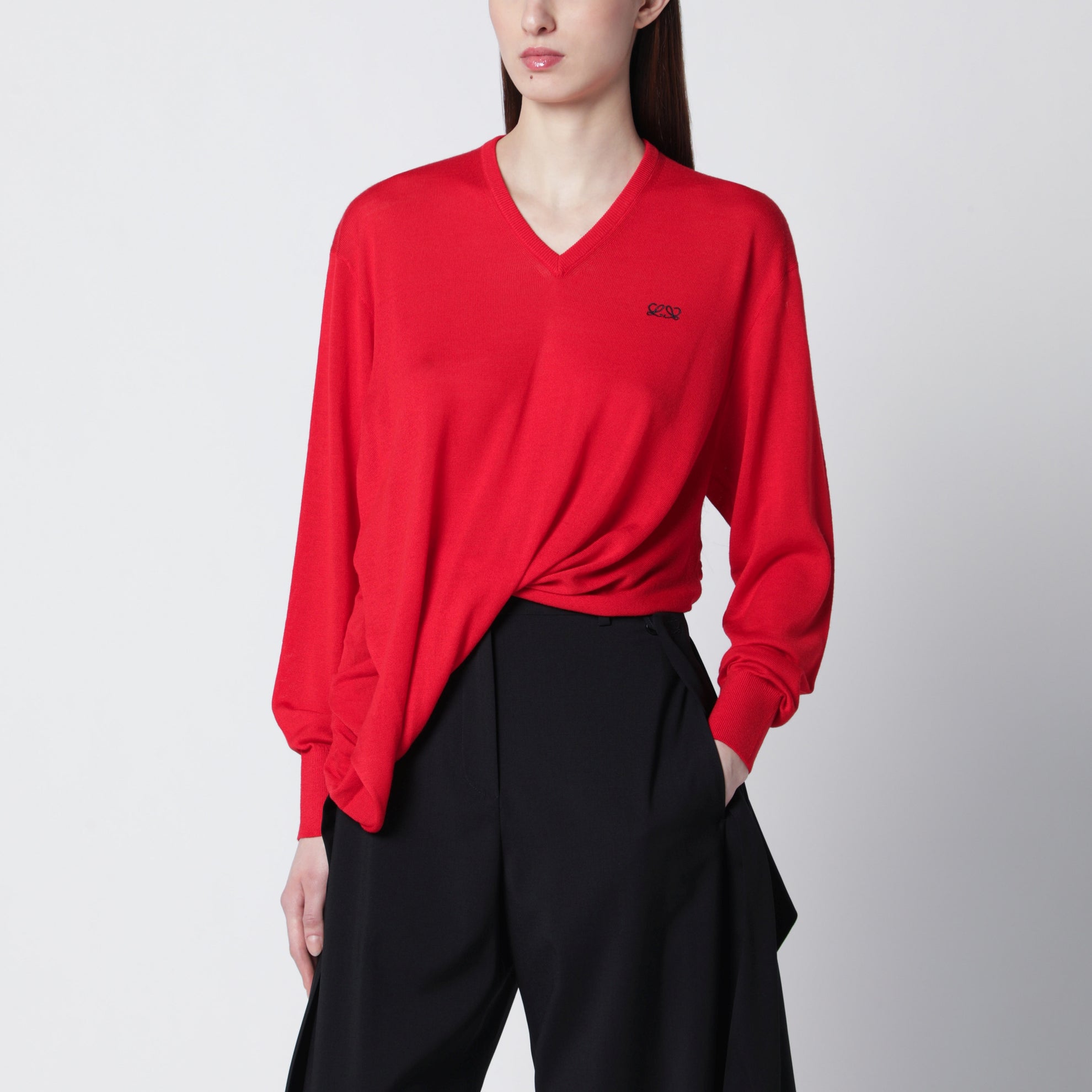 Maglia con drappeggio in lana merino rossa