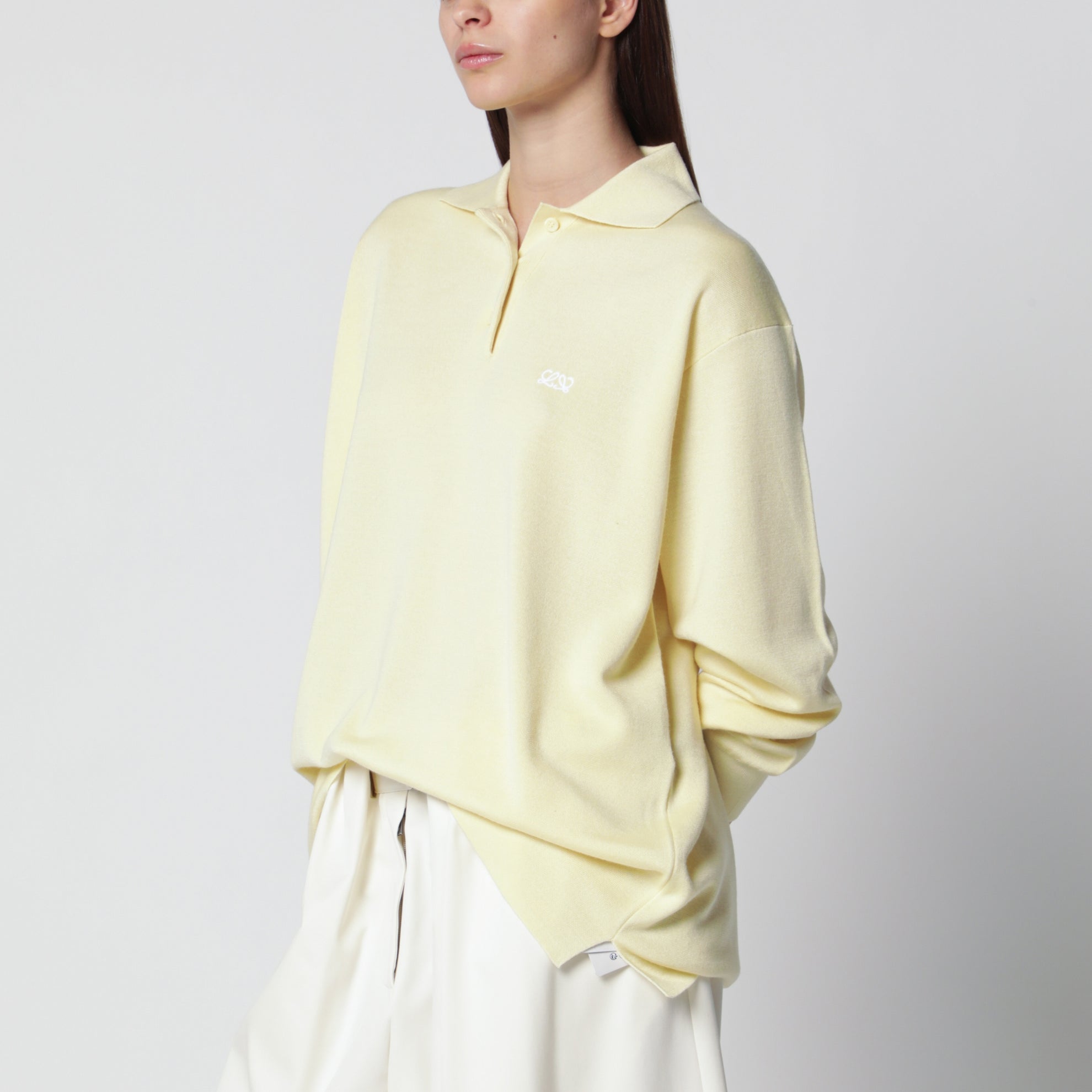 Pull polo double face en cachemire et soie jaune