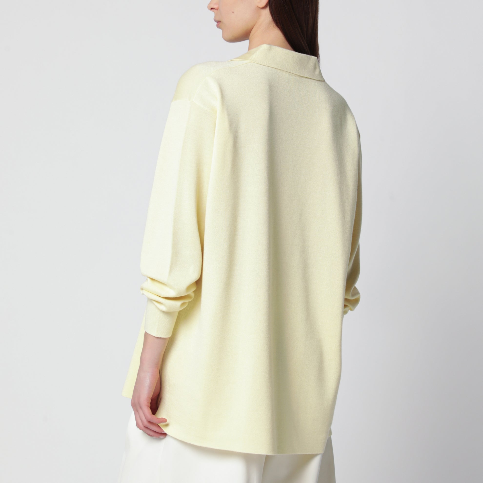 Pull polo double face en cachemire et soie jaune