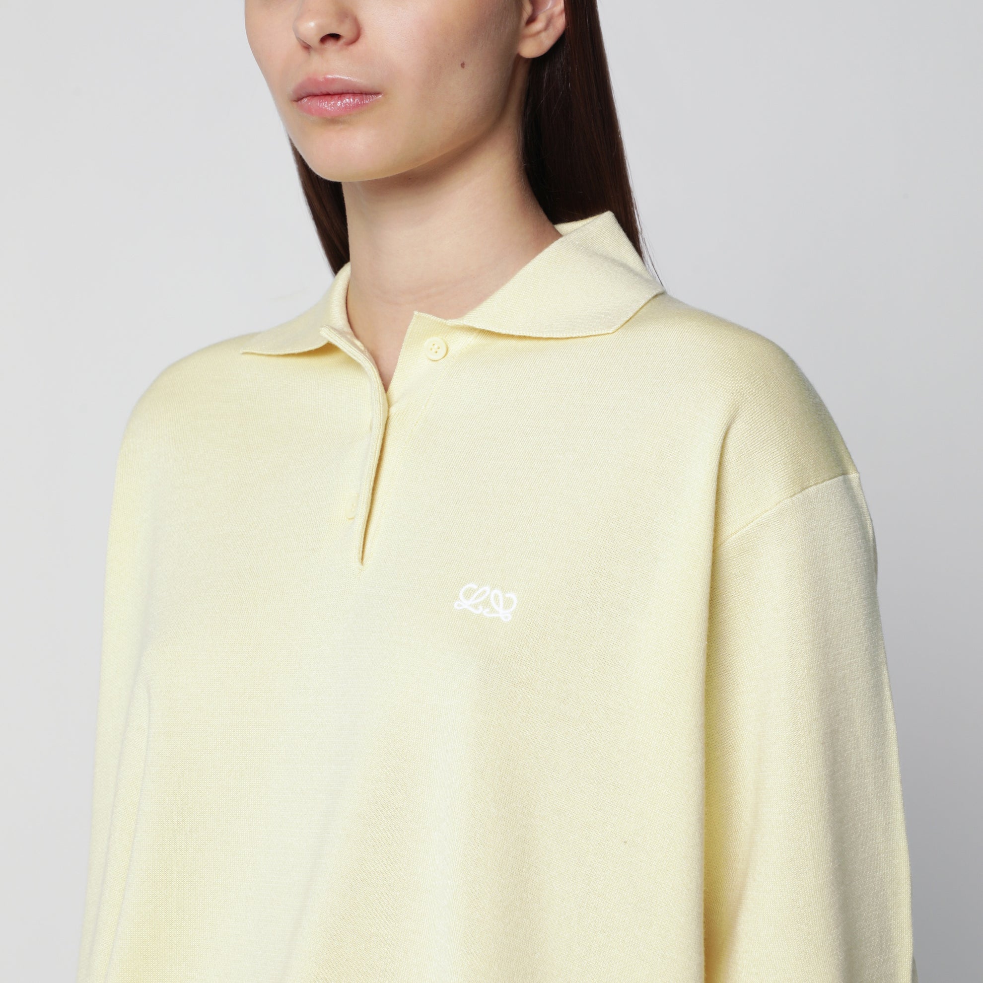 Pull polo double face en cachemire et soie jaune