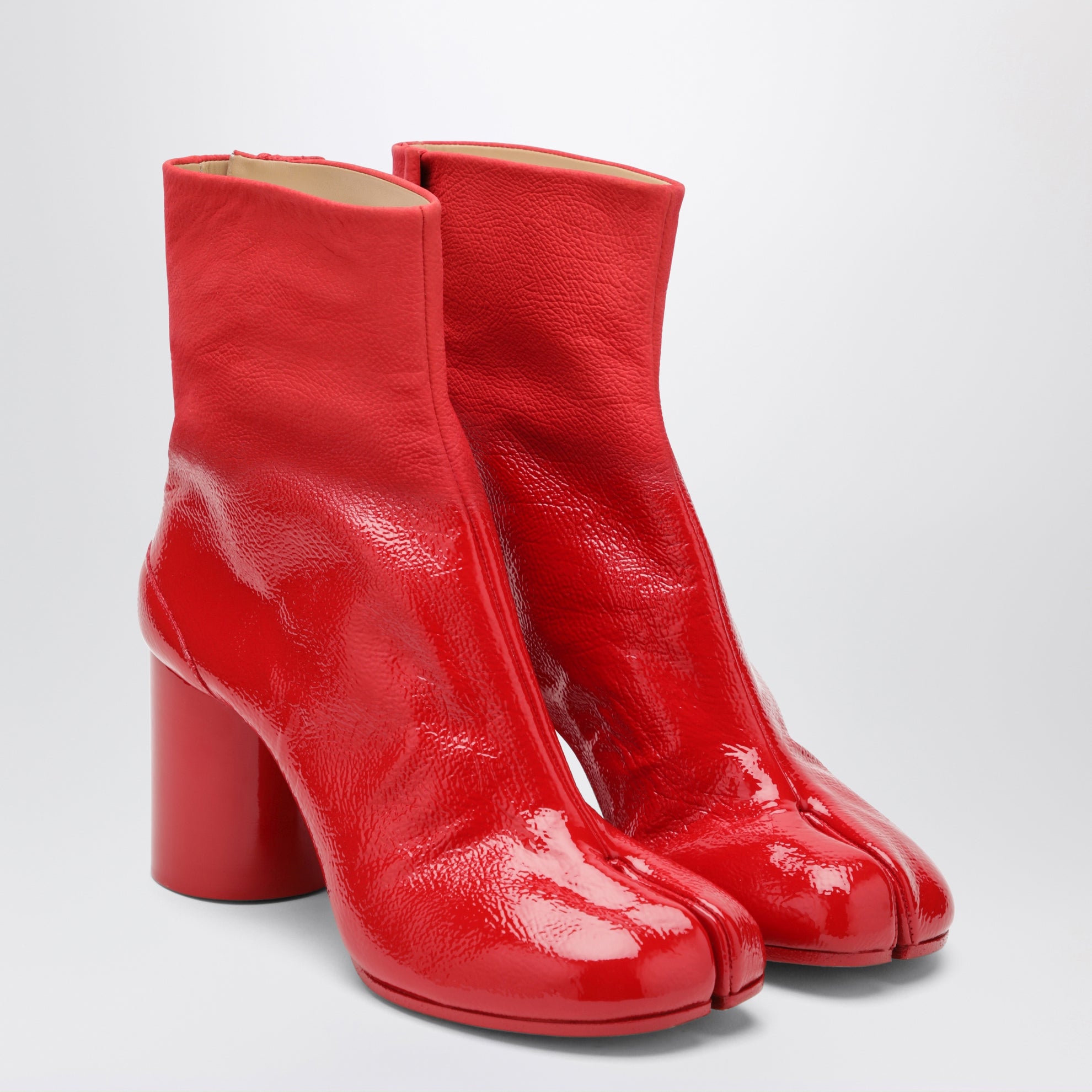 Red patent leather Tabi ankle boots