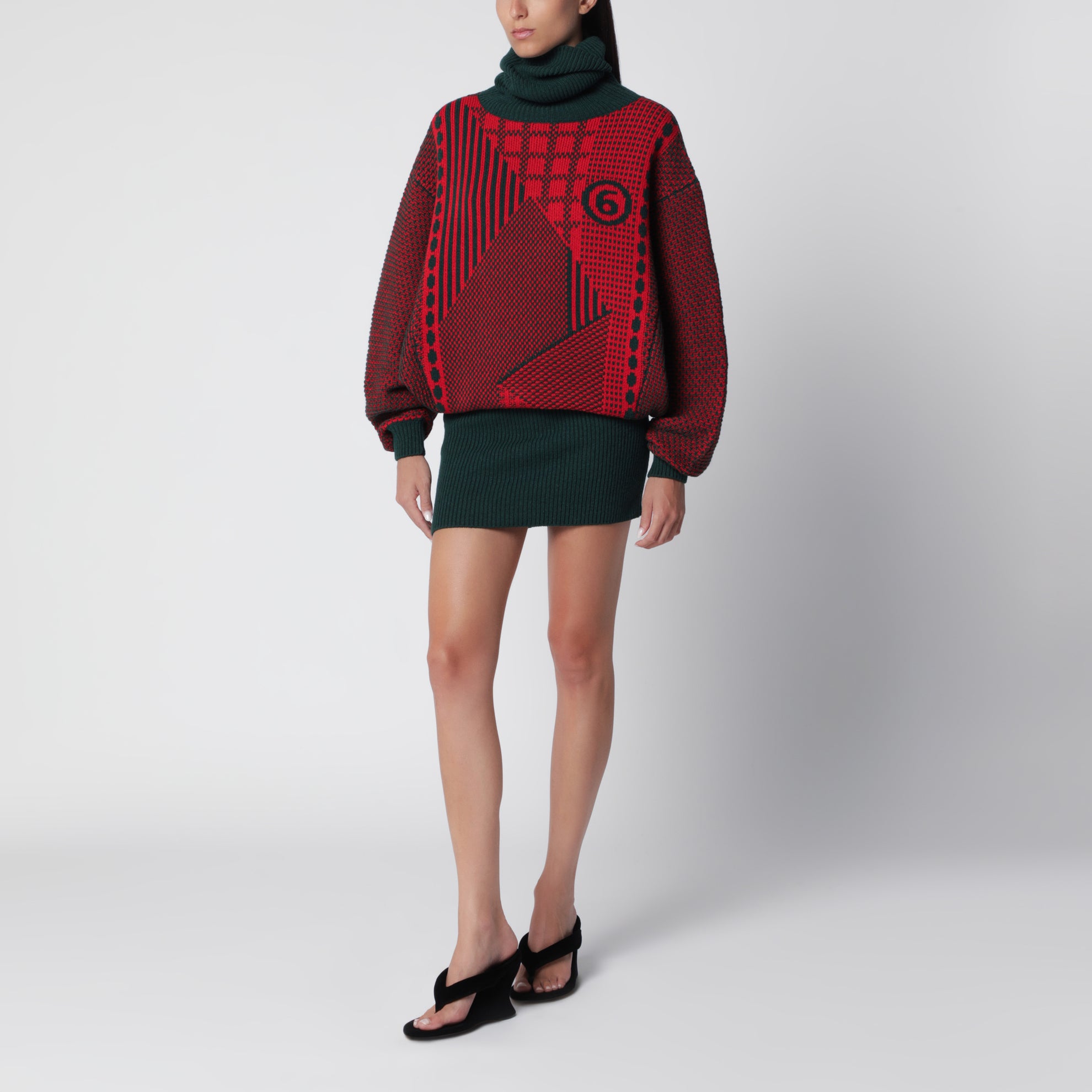 Mini abito rosso/verde bosco in maglia jacquard di lana