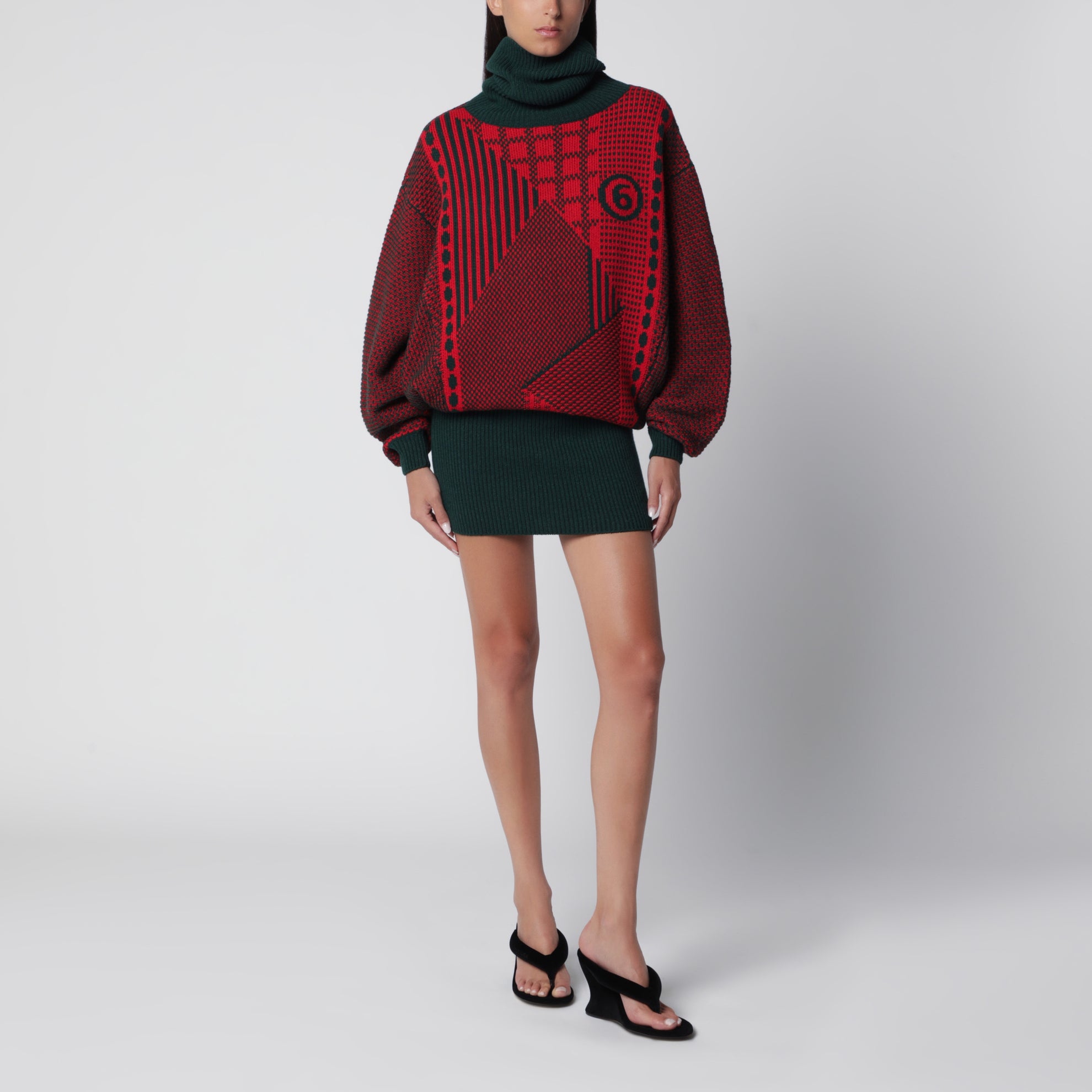 Mini abito rosso/verde bosco in maglia jacquard di lana